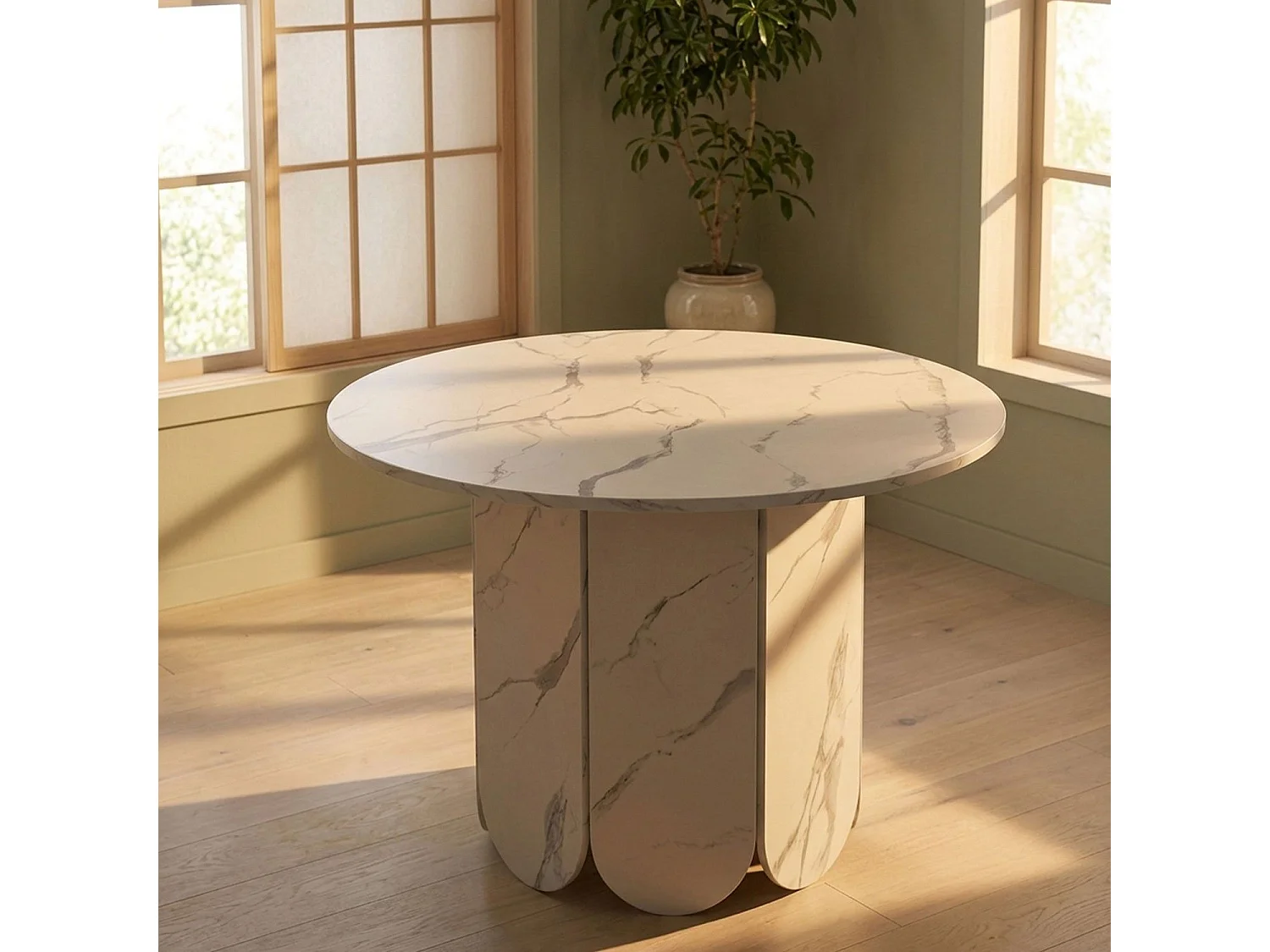 Table ronde style japandi extensible 310cm Tulipa rallonges intégrées Effet marbre Blanc