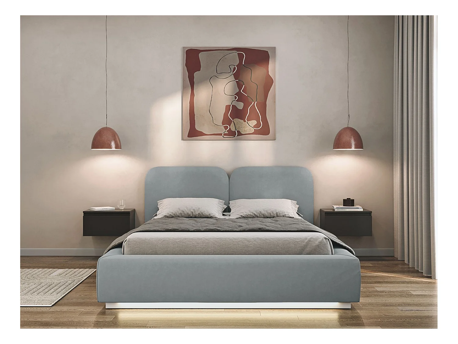 Polsterbett 140x200 mit Veloursbezug – LED – Grau – COMOVES