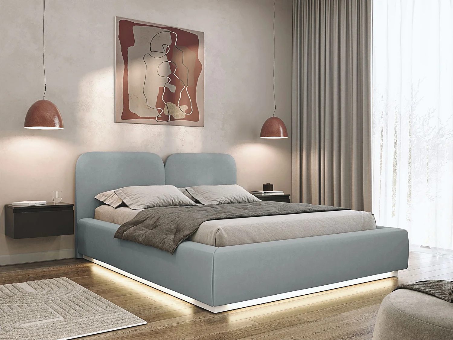 Polsterbett 140x200 mit Veloursbezug – LED – Grau – COMOVES