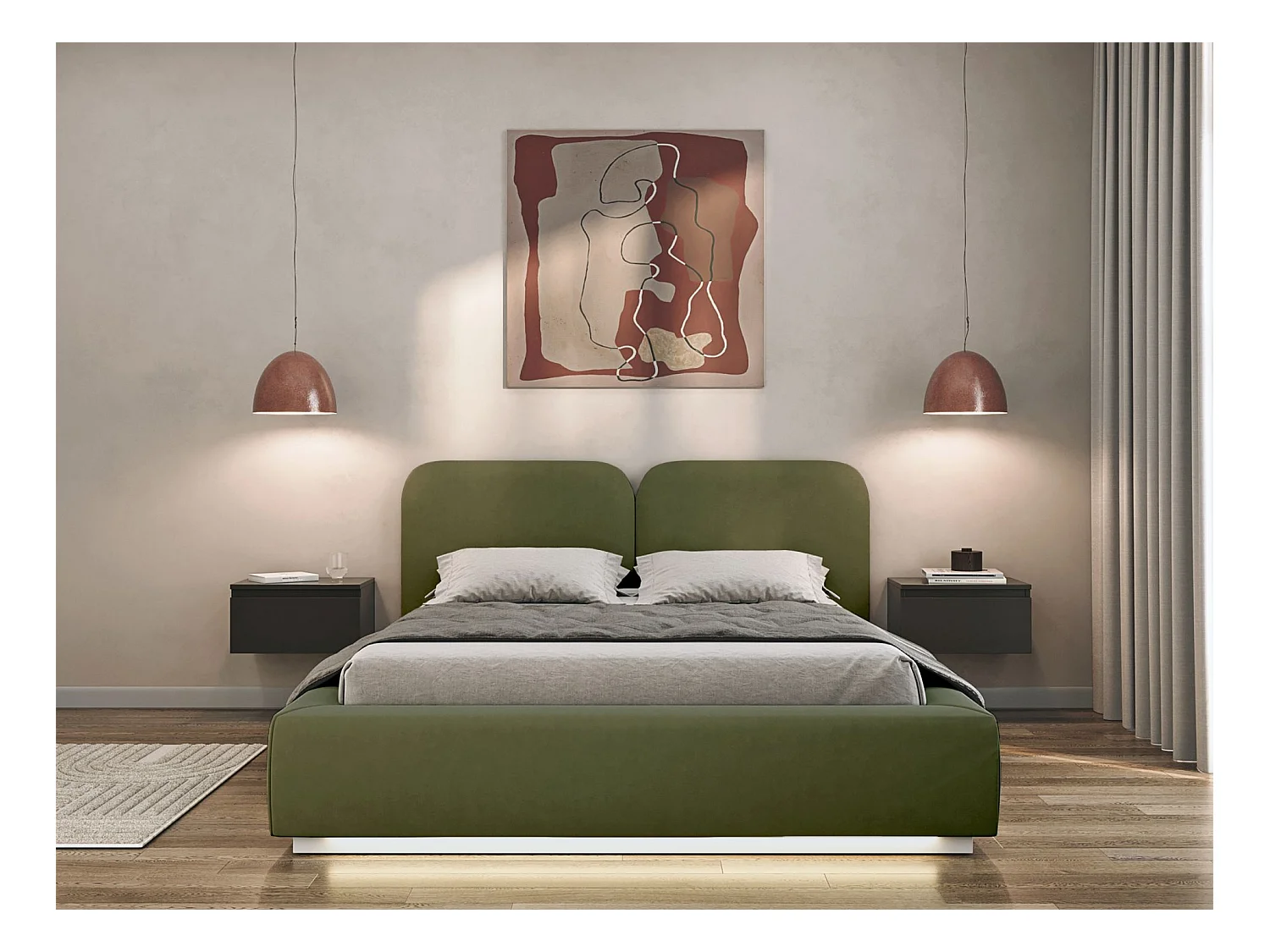 Polsterbett 160x200 mit Veloursbezug – LED – Olivgrün – COMOVES