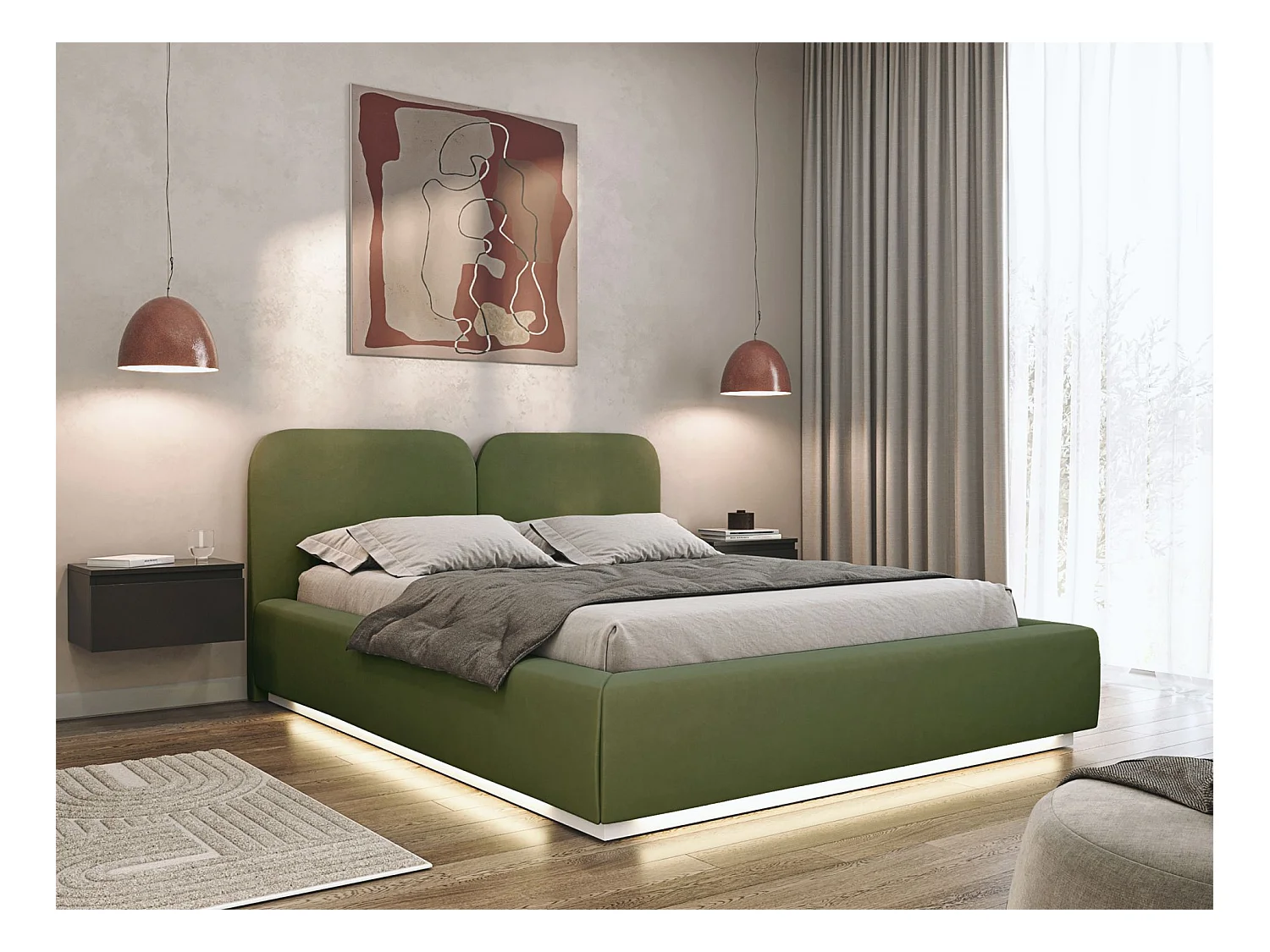 Polsterbett 160x200 mit Veloursbezug – LED – Olivgrün – COMOVES