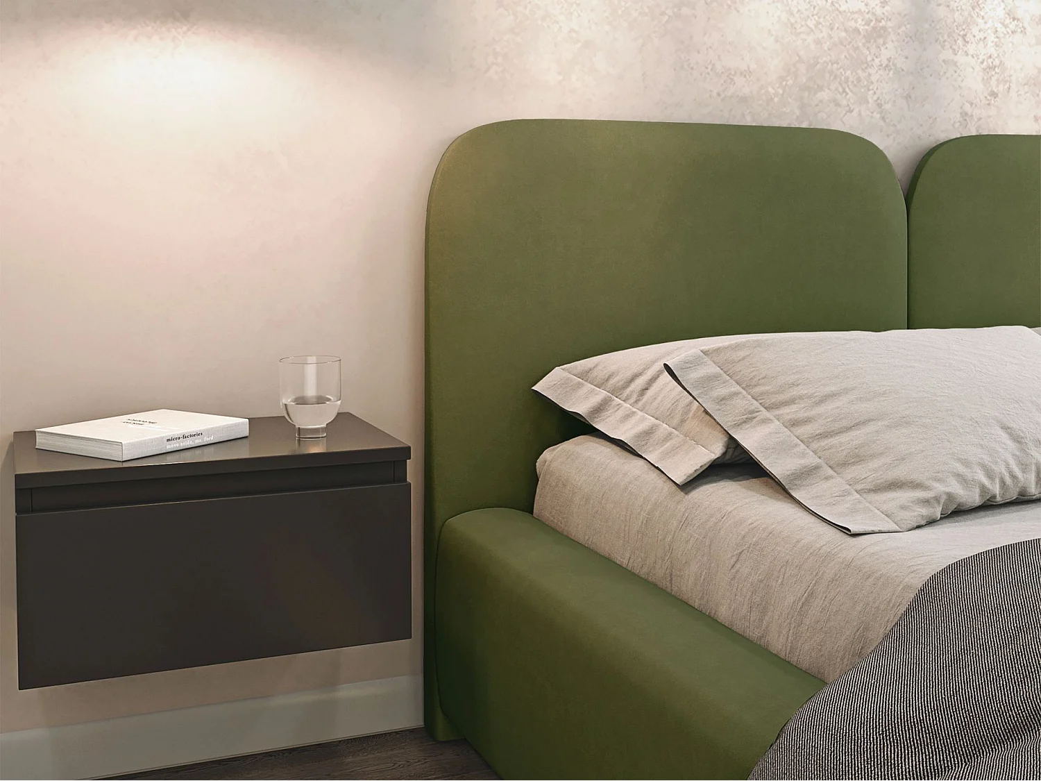 Polsterbett 160x200 mit Veloursbezug – LED – Olivgrün – COMOVES