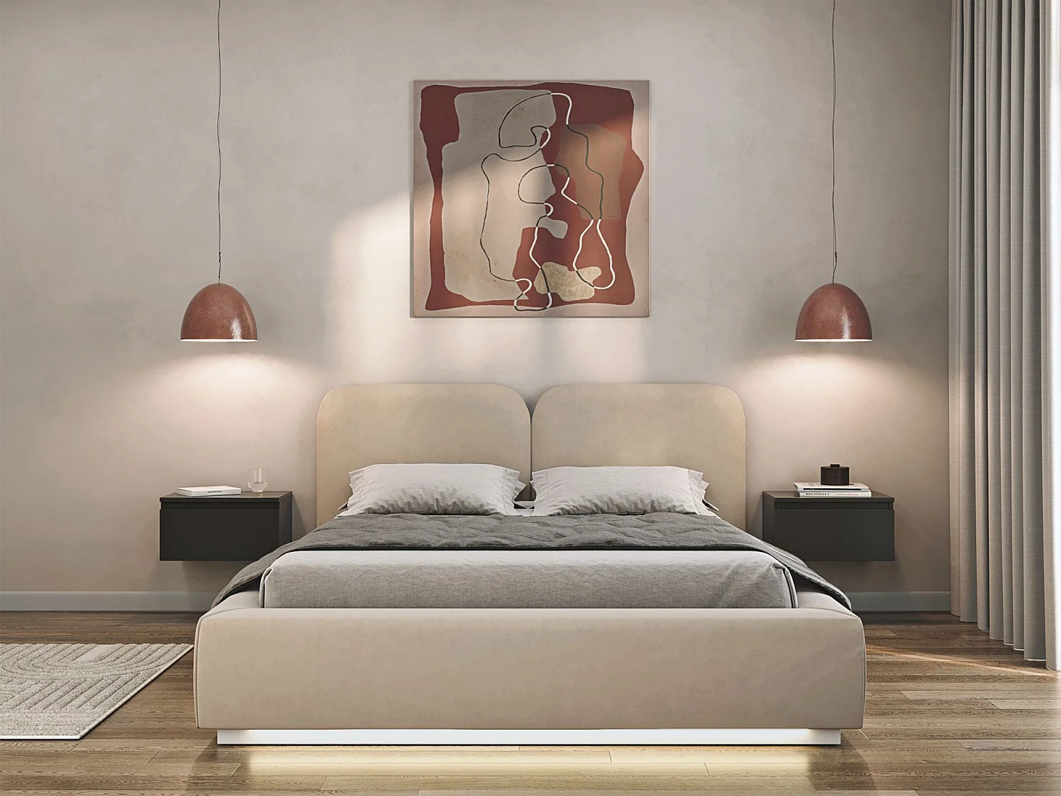 Lit tapissé avec LED 160×200 - velours - beige clair- COMOVES