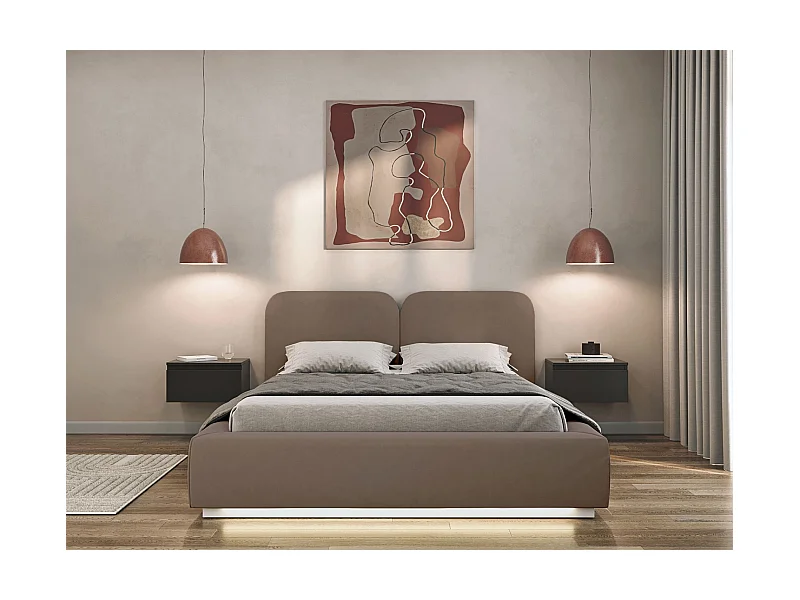Polsterbett 160x200 mit Veloursbezug – LED – Braun – COMOVES