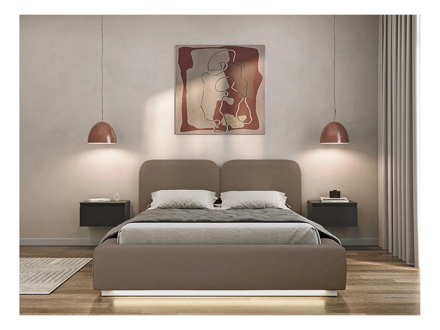 Polsterbett 160x200 mit Veloursbezug – LED – Braun – COMOVES