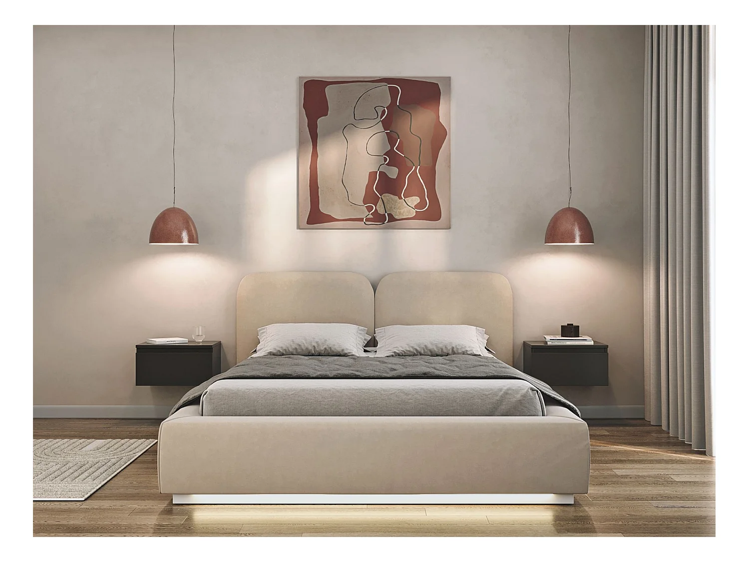 Polsterbett 140x200 mit Veloursbezug – LED – Hellbeige – COMOVES