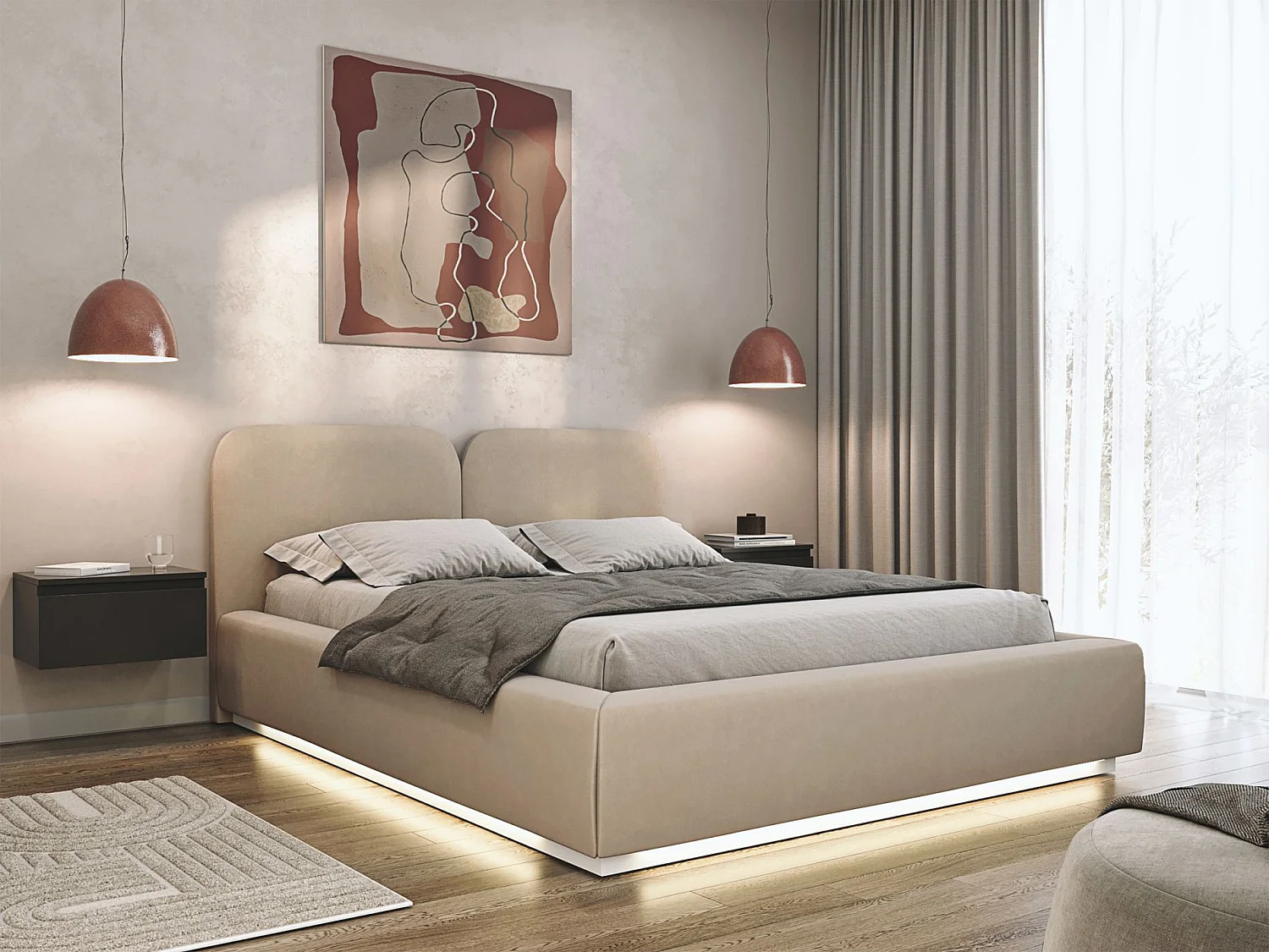 Polsterbett 140x200 mit Veloursbezug – LED – Hellbeige – COMOVES