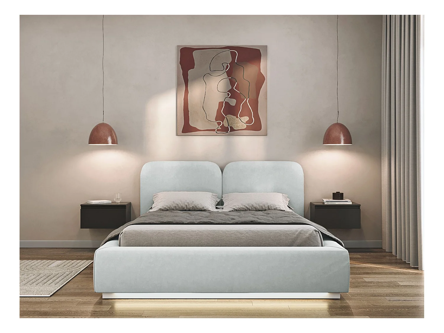 Polsterbett 180x200 mit Veloursbezug – LED – Hellgrau – COMOVES