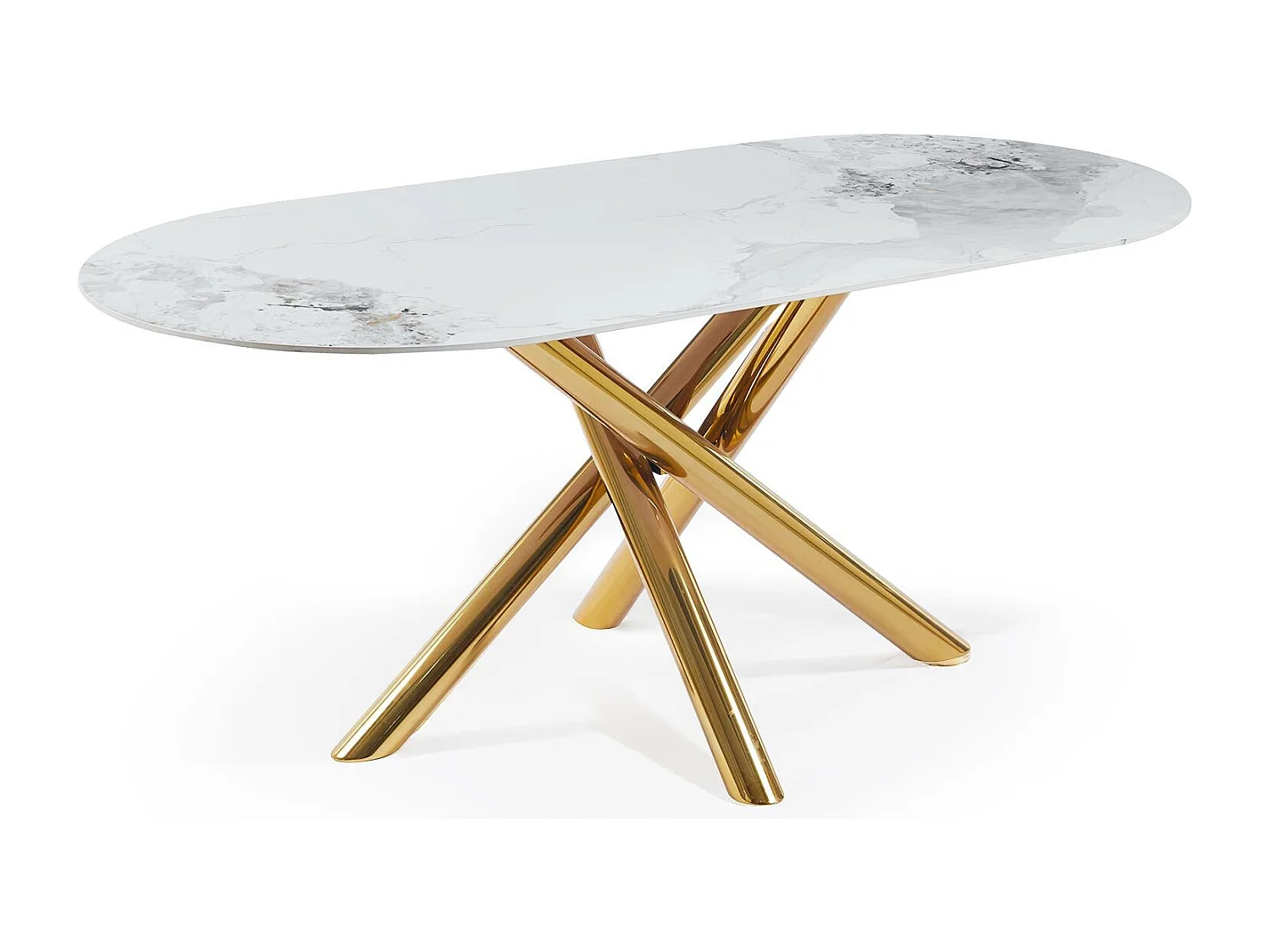 Table ovale 90x180cm Rusking Effet marbre blanc et pieds croisés Métal doré