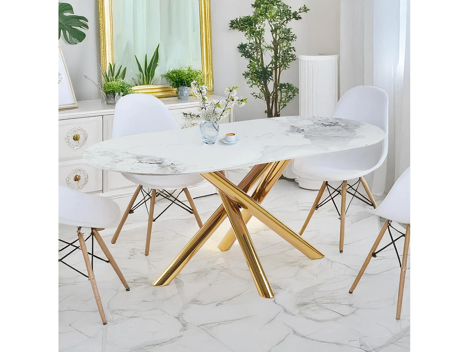 Table ovale 90x180cm Rusking Effet marbre blanc et pieds croisés Métal doré