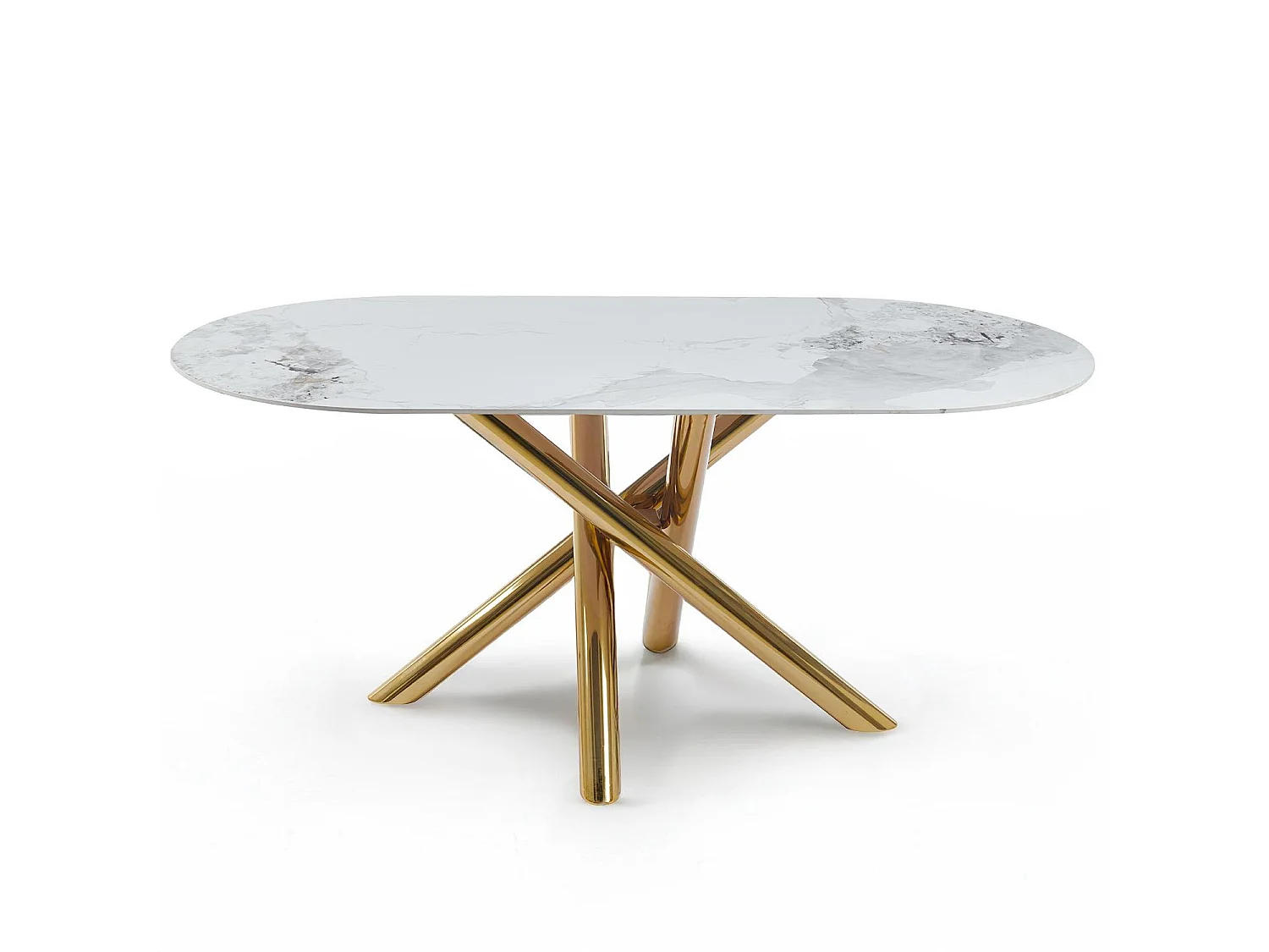 Table ovale 90x180cm Rusking Effet marbre blanc et pieds croisés Métal doré