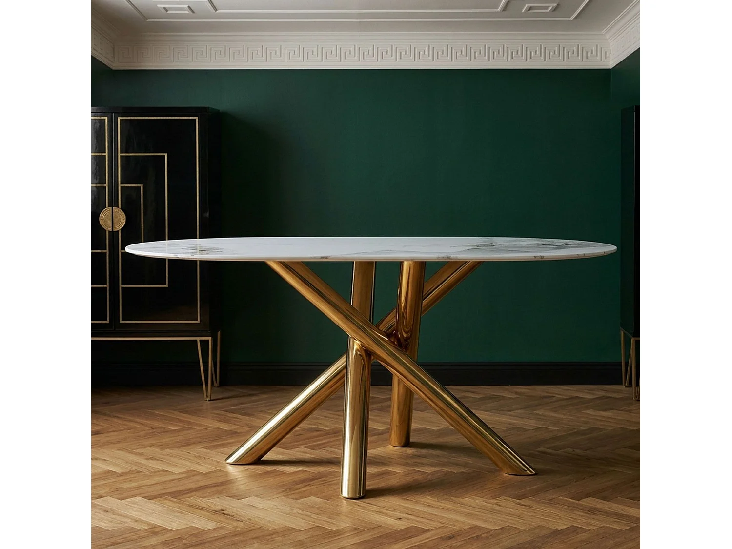Table ovale 90x180cm Rusking Effet marbre blanc et pieds croisés Métal doré
