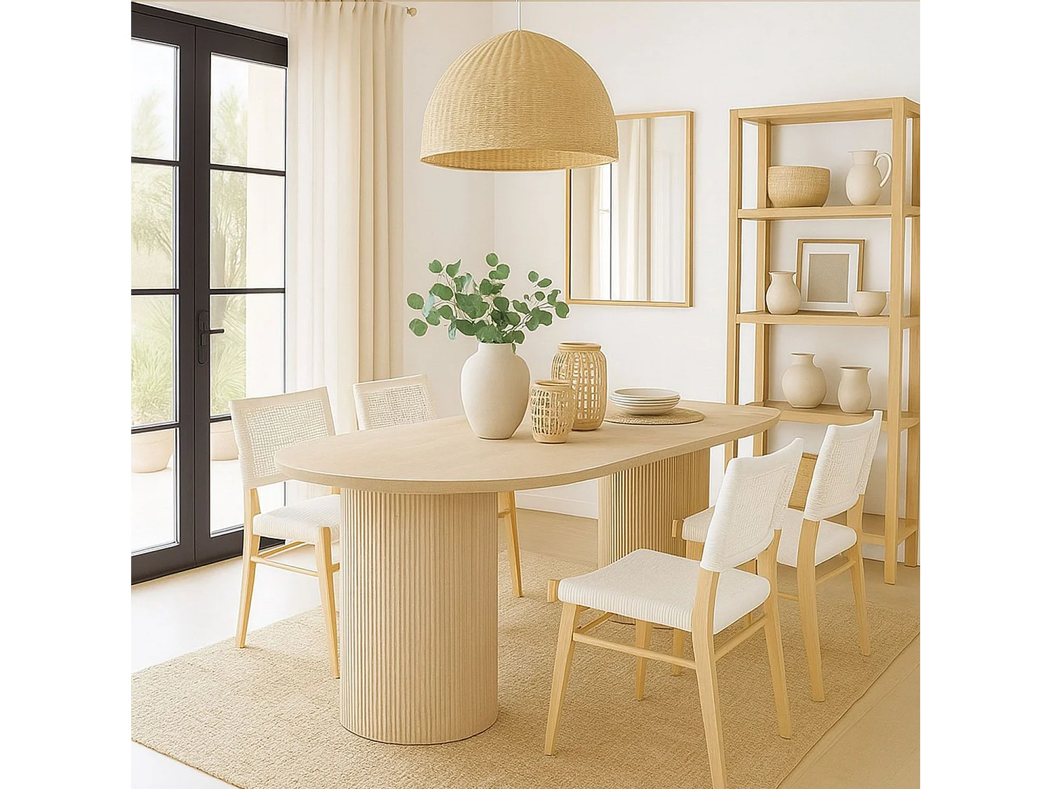 Table à manger moderne 90x180cm avec pieds style colonnes Gwendoline Effet travertin Beige