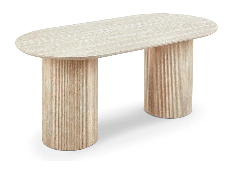 Table à manger moderne 90x180cm avec pieds style colonnes Gwendoline Effet travertin Beige