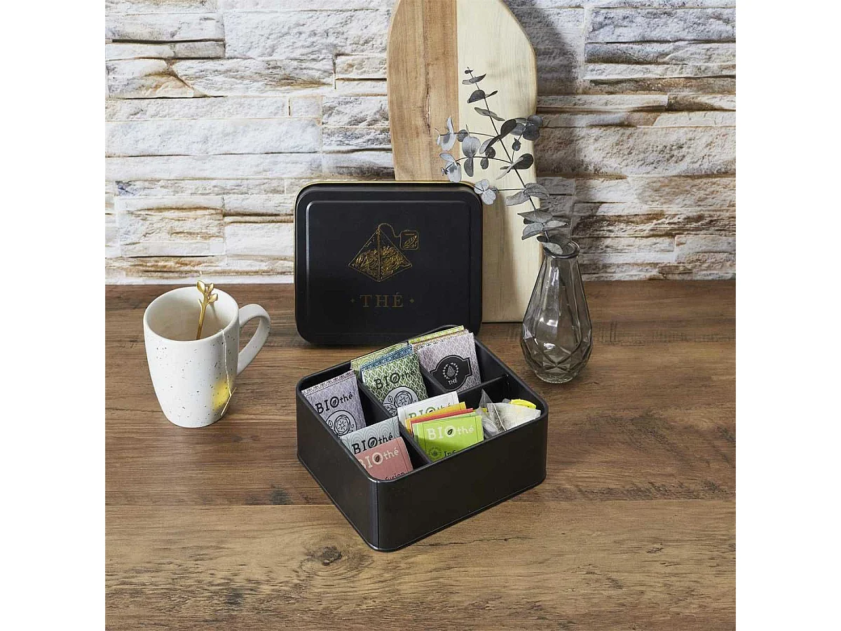 Boîte de rangement en métal noir et doré pour sachet de thé - LUXOR