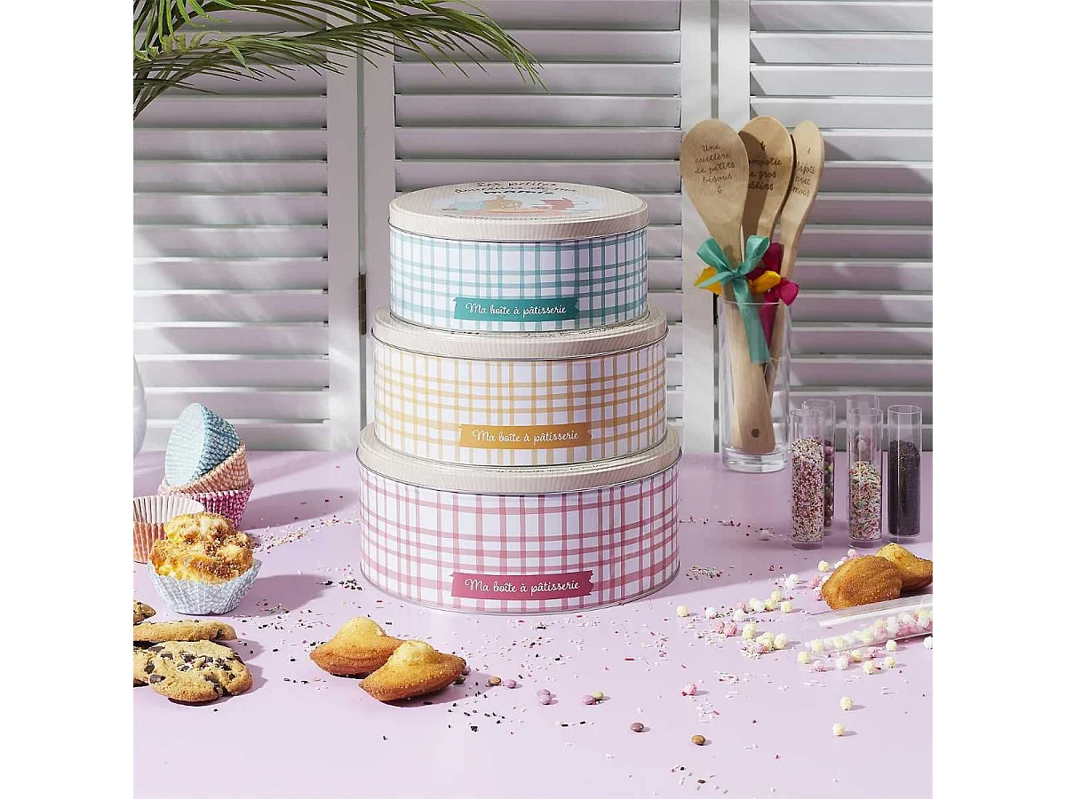 Set de 3 boîtes de rangement en métal pour pâtisseries à carreaux pastel