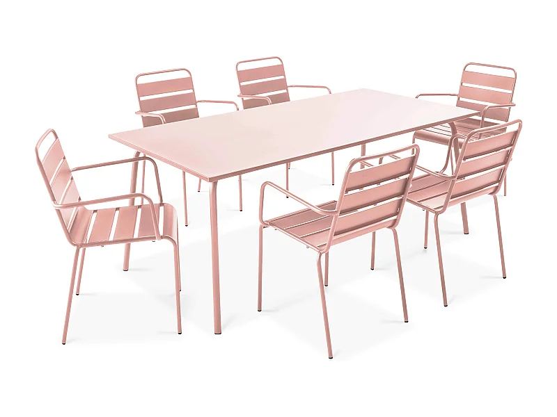 Ensemble table de jardin et 6 fauteuils en métal Rose poudré - Palavas