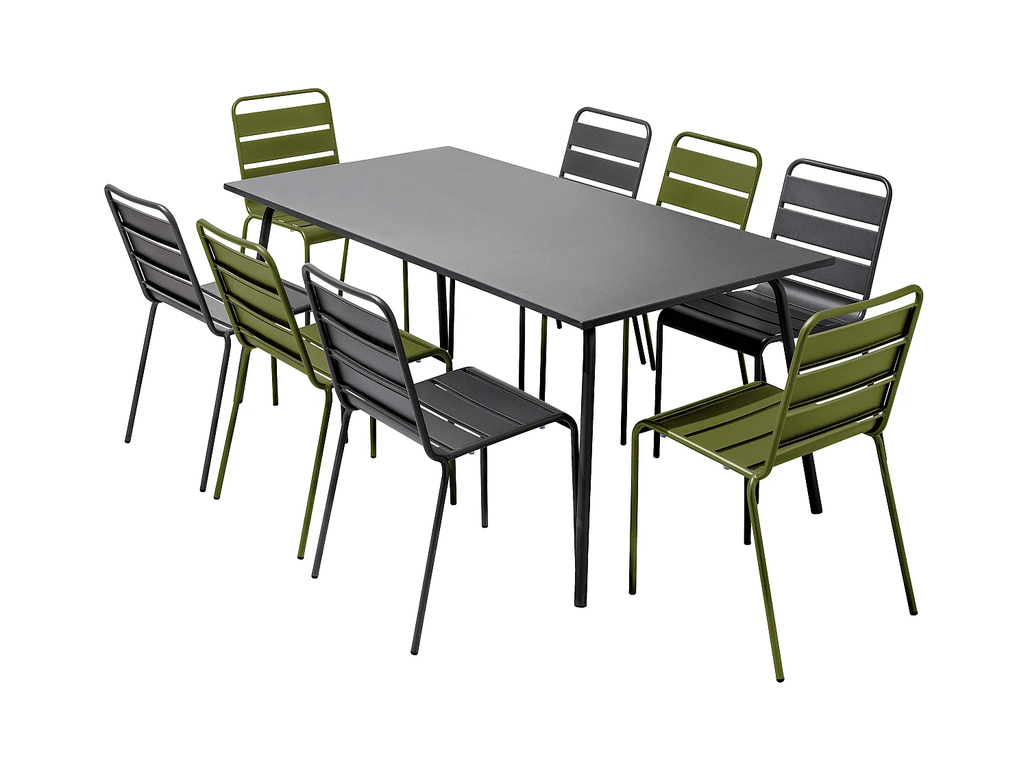 Ensemble table de jardin et 8 chaises en métal gris et vert kaki - Palavas