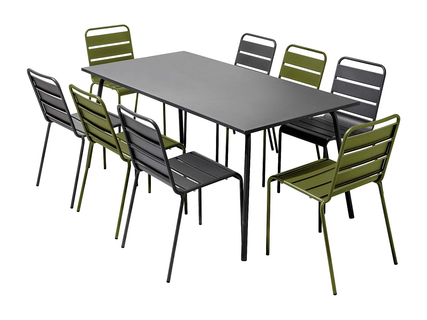 Ensemble table de jardin et 8 chaises en métal gris et vert kaki - Palavas