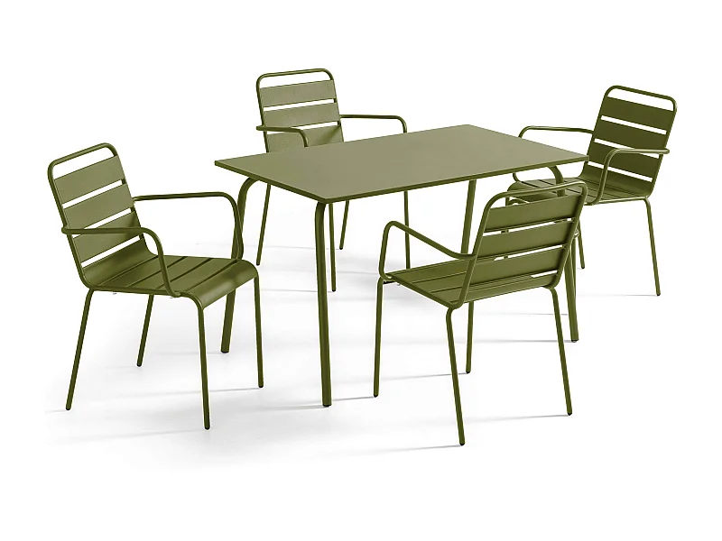 Tuinset met tafel en 4 kaki Groen fauteuils