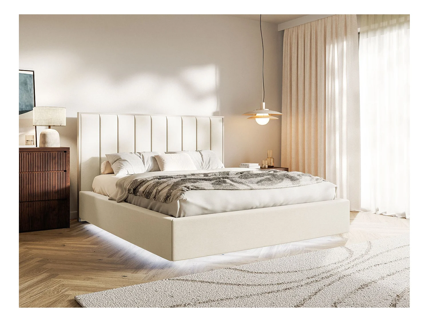 Lit tapissé avec LED 140×200 - velours - crème - TOGENTS