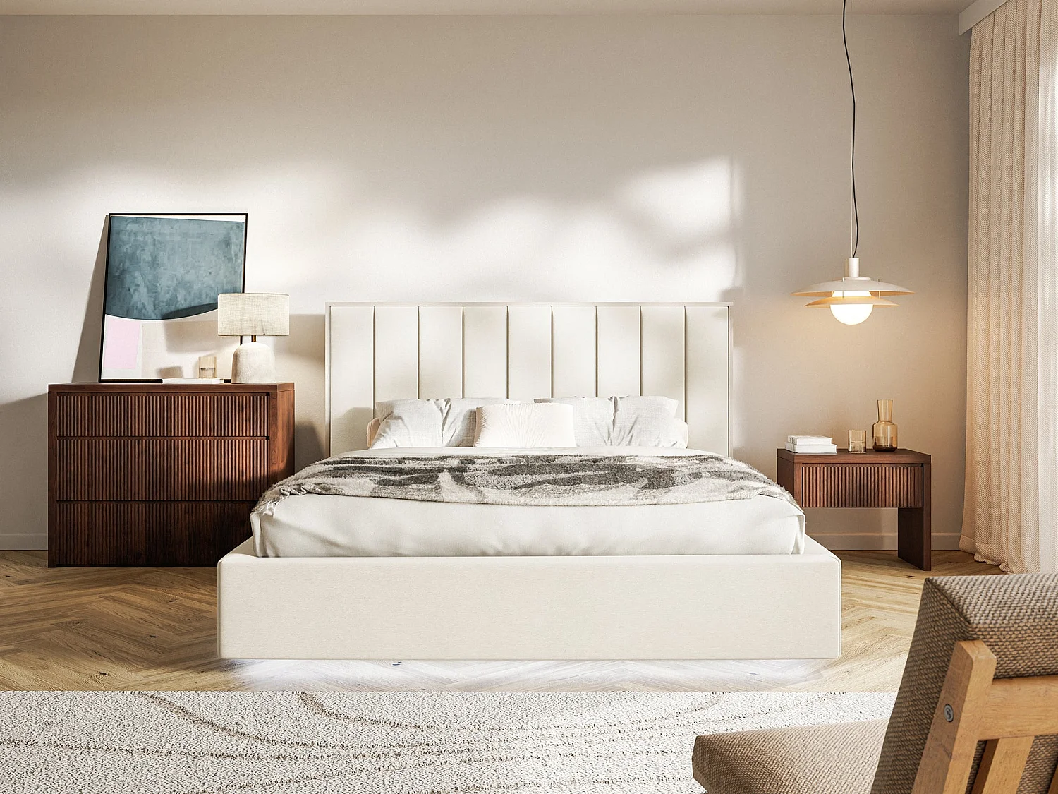 Lit tapissé avec LED 160×200 - velours - crème - TOGENTS