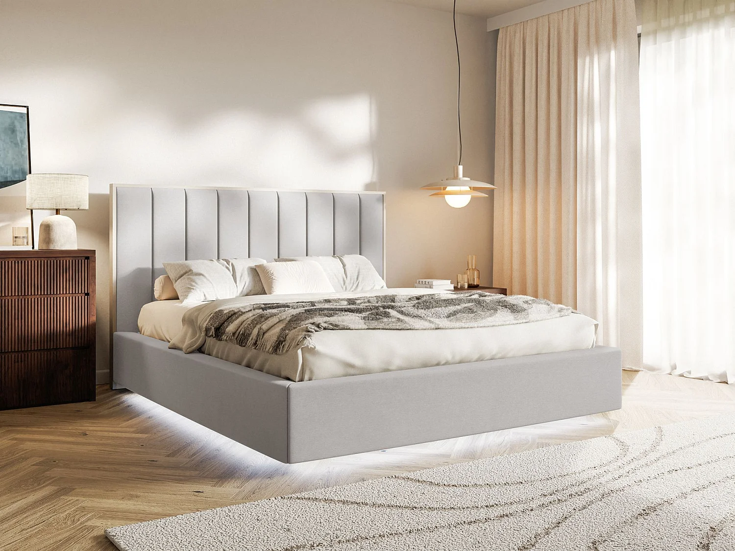 Lit tapissé avec LED 140×200 - velours - gris clair- TOGENTS