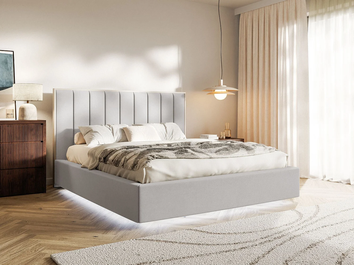 Gestoffeerd bed 160x200 - velours en LED - lichtgrijs - TOGENTS
