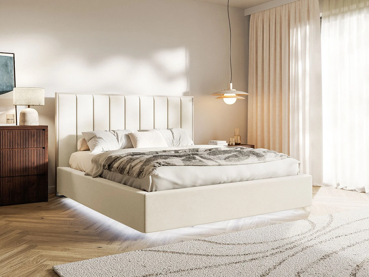 Polsterbett 180x200 mit Veloursbezug und LED – Creme – TOGENTS