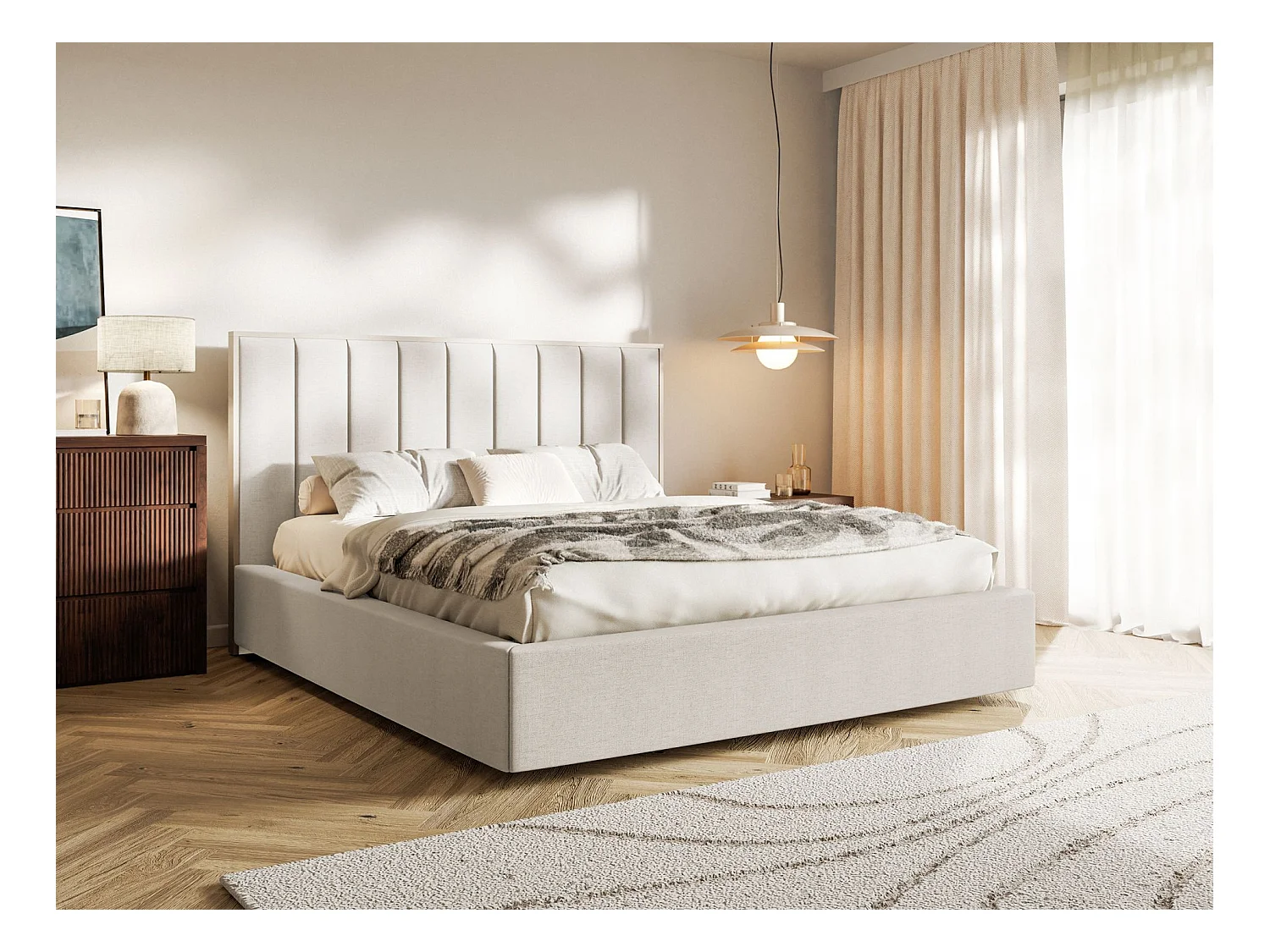 Lit tapissé160×200 - chenille - beige clair - TOGENTS