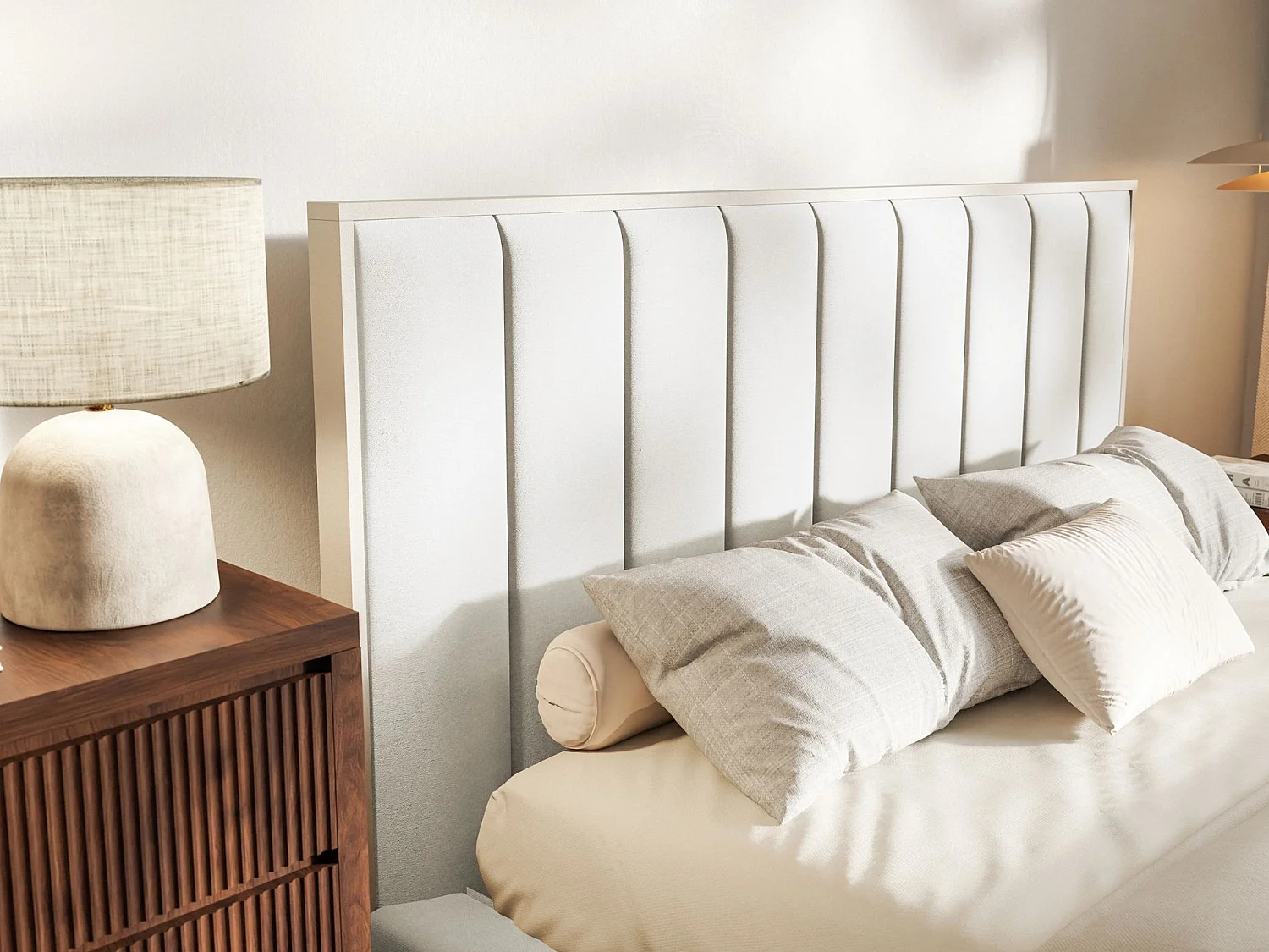 Polsterbett 140x200 mit Veloursbezug und LED – Weiß – TOGENTS