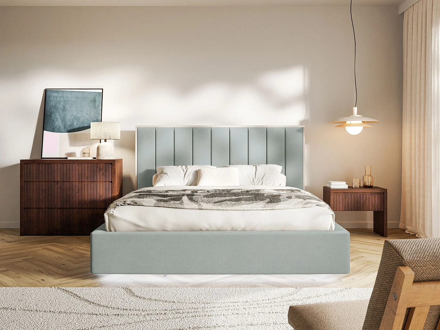 Lit tapissé avec LED 140×200 - velours - vert sauge - TOGENTS