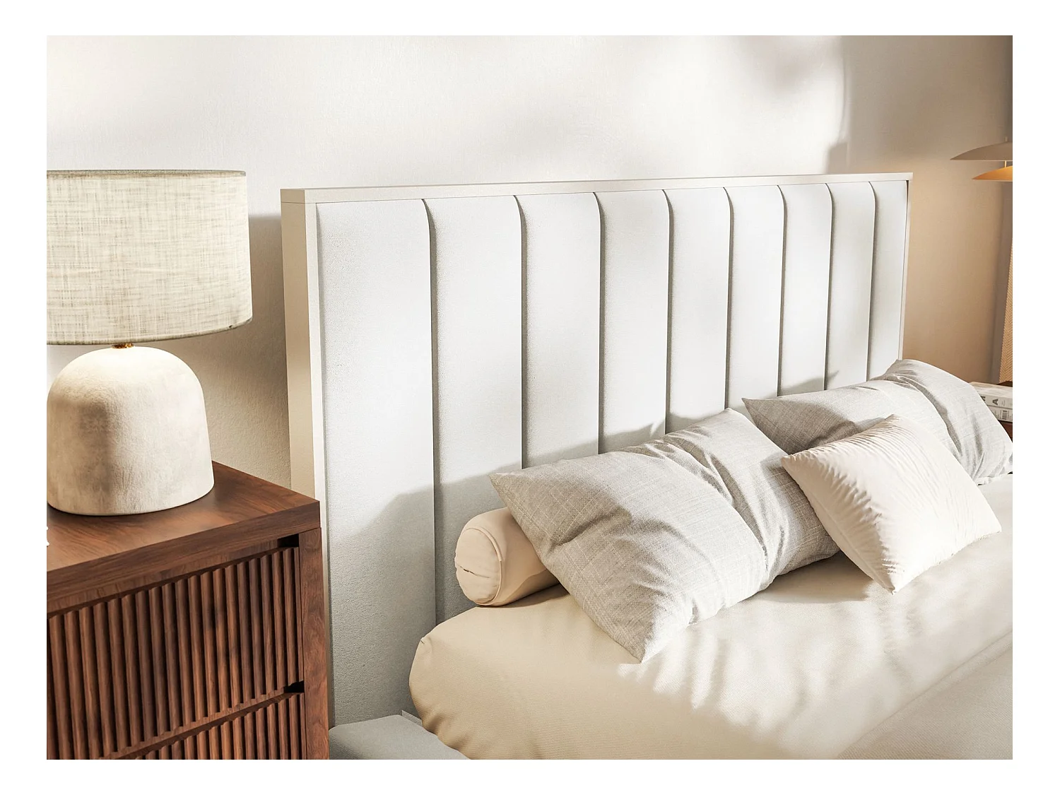 Polsterbett 180x200 mit Veloursbezug und LED – Weiß – TOGENTS