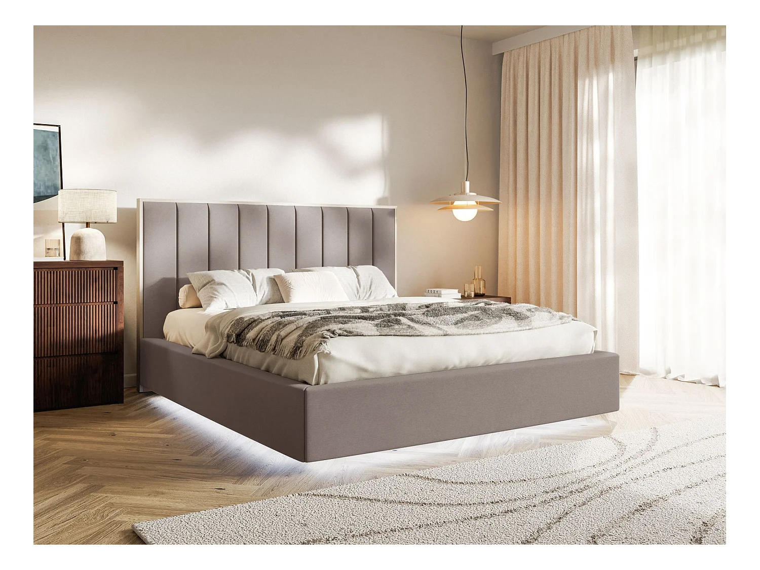 Polsterbett 140x200 mit Veloursbezug und LED – Braun – TOGENTS