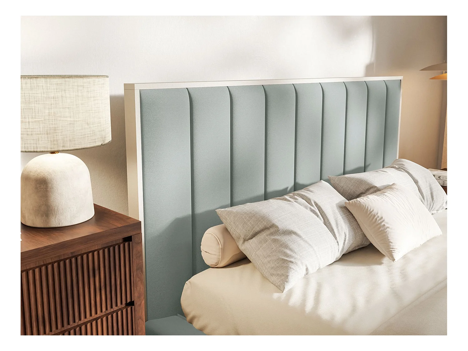 Lit tapissé avec LED 180×200 - velours - vert sauge - TOGENTS