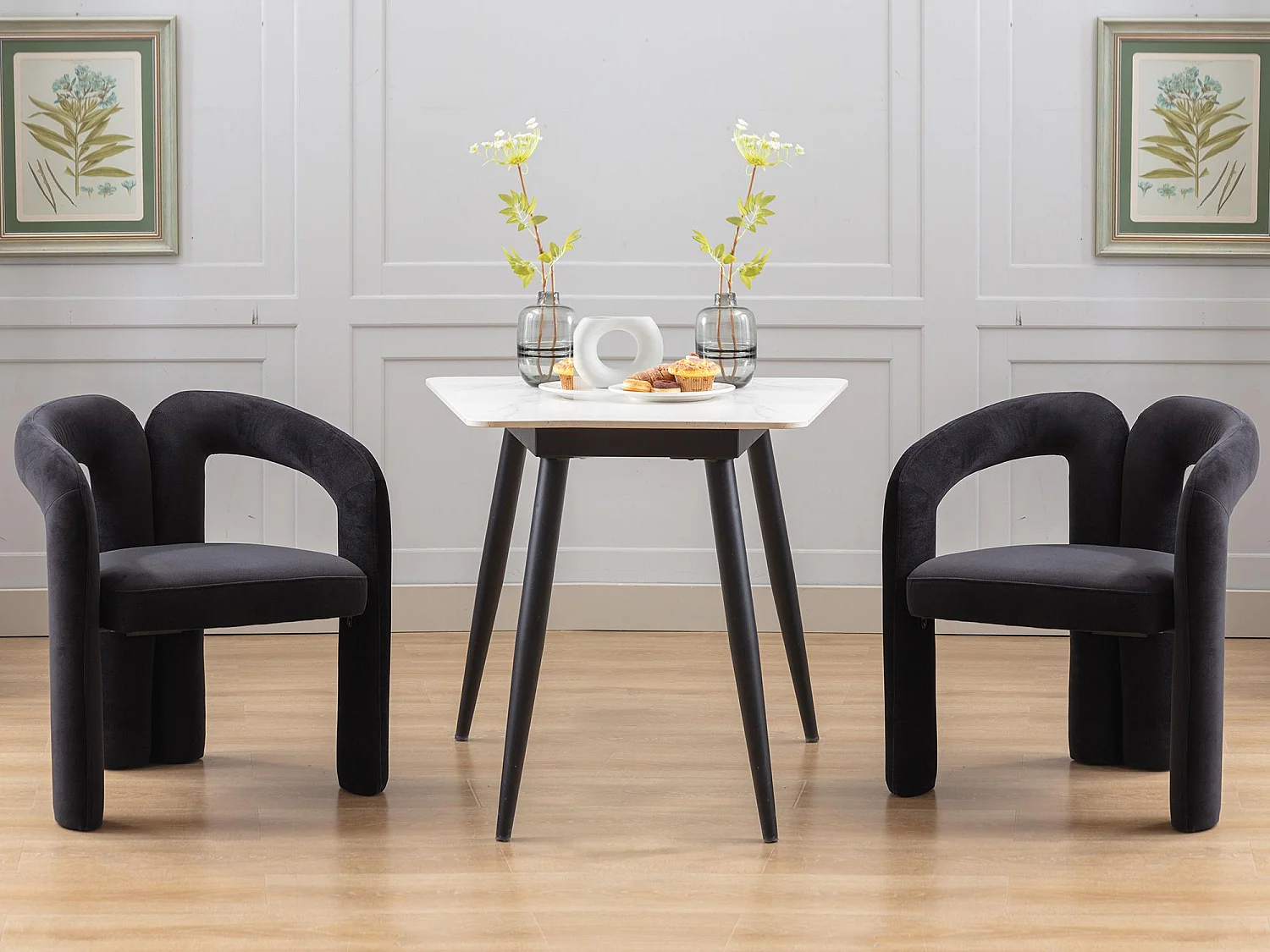 Lot de 2 chaises de salle à manger — velours noir — accoudoirs design à deux arcs - élégant et confortable