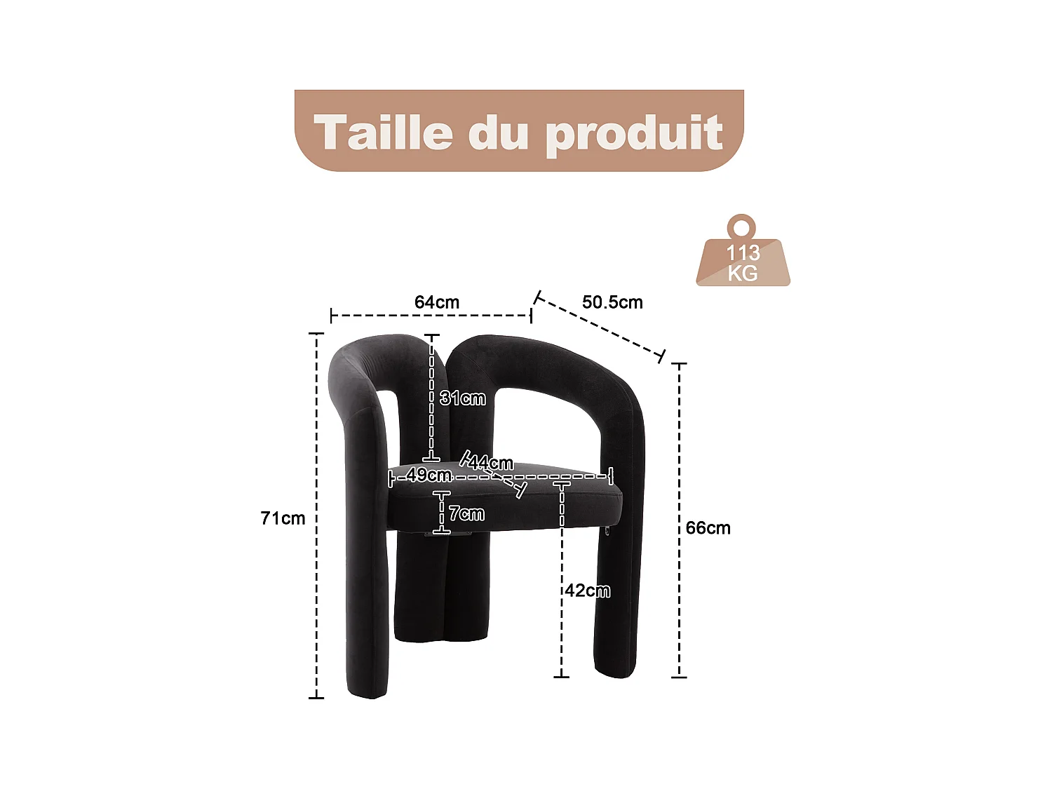 Lot de 2 chaises de salle à manger — velours noir — accoudoirs design à deux arcs - élégant et confortable