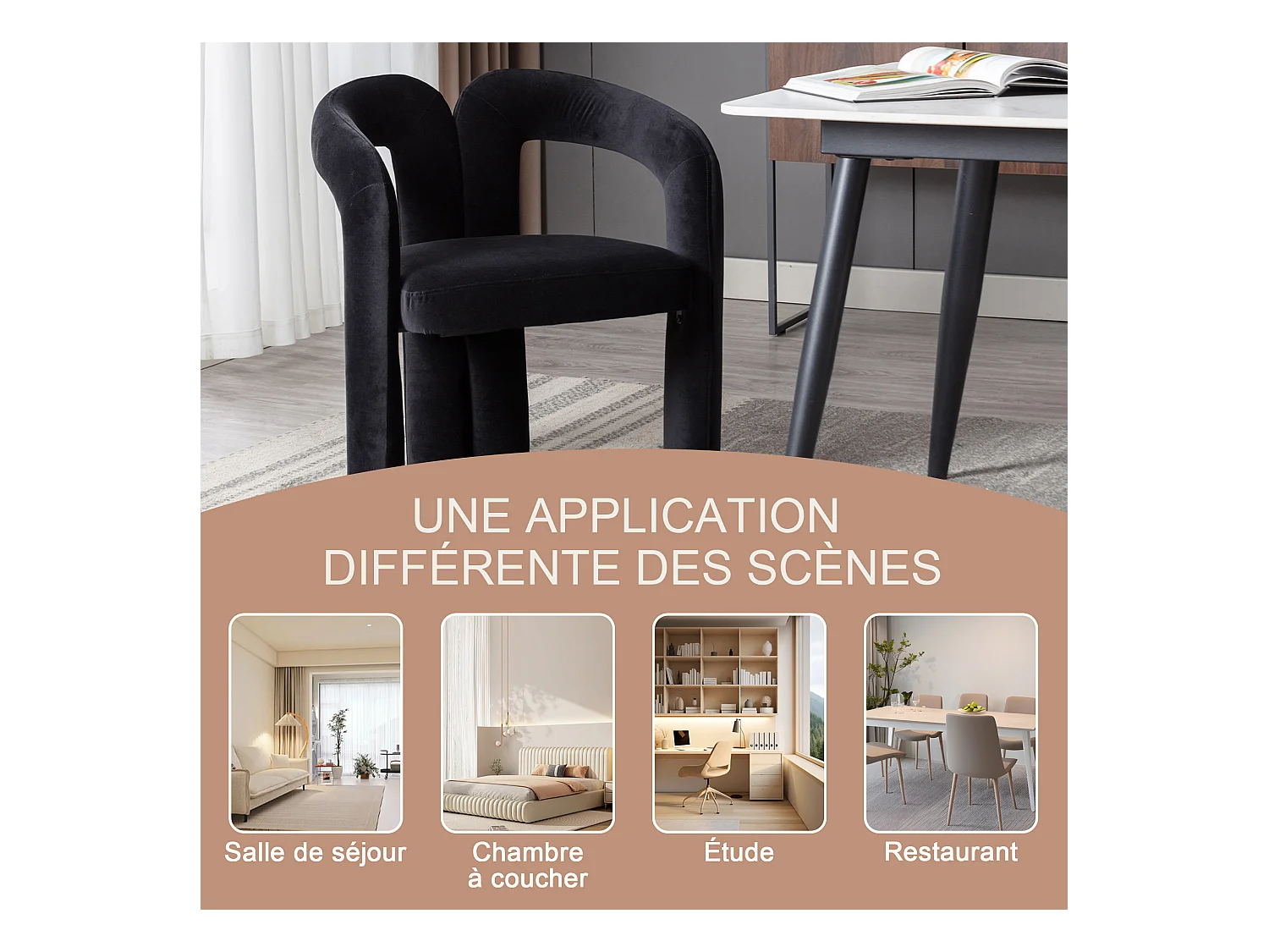 Lot de 2 chaises de salle à manger — velours noir — accoudoirs design à deux arcs - élégant et confortable