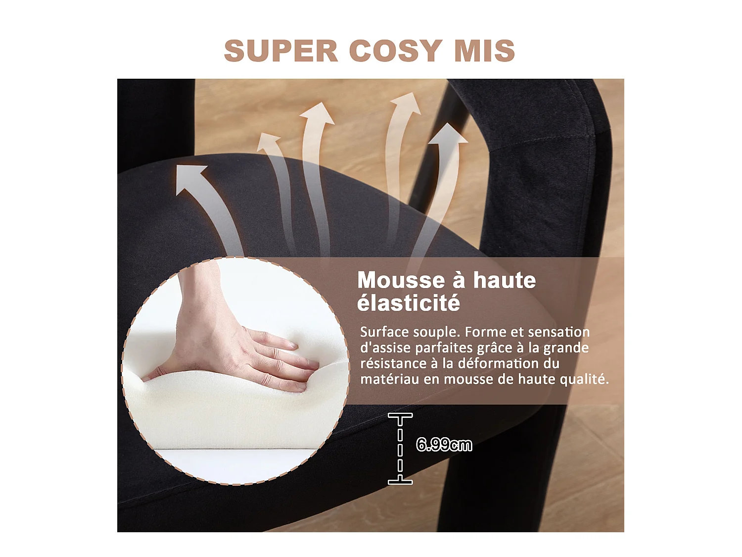 Lot de 2 chaises de salle à manger — velours noir — accoudoirs design à deux arcs - élégant et confortable