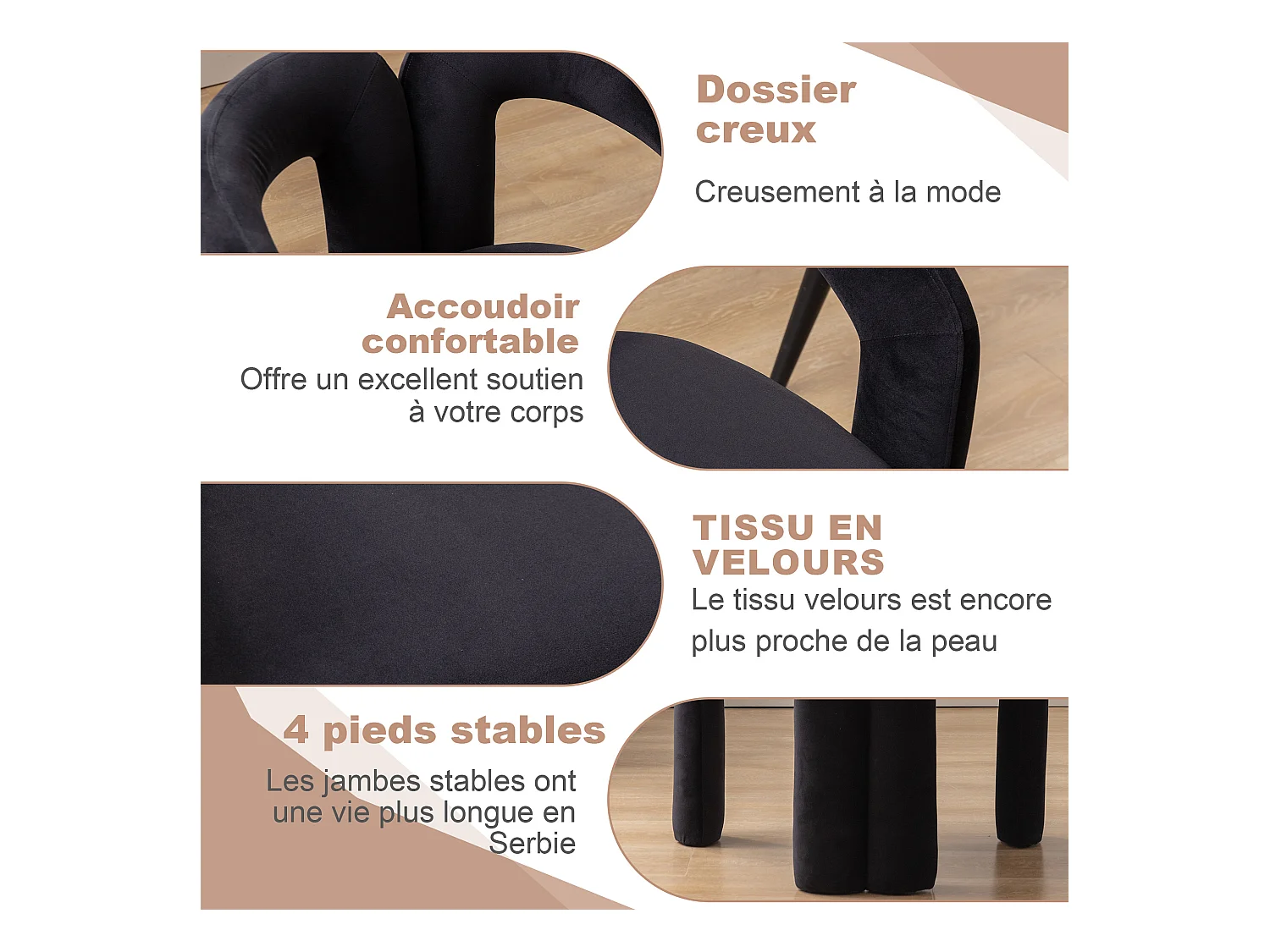Lot de 2 chaises de salle à manger — velours noir — accoudoirs design à deux arcs - élégant et confortable