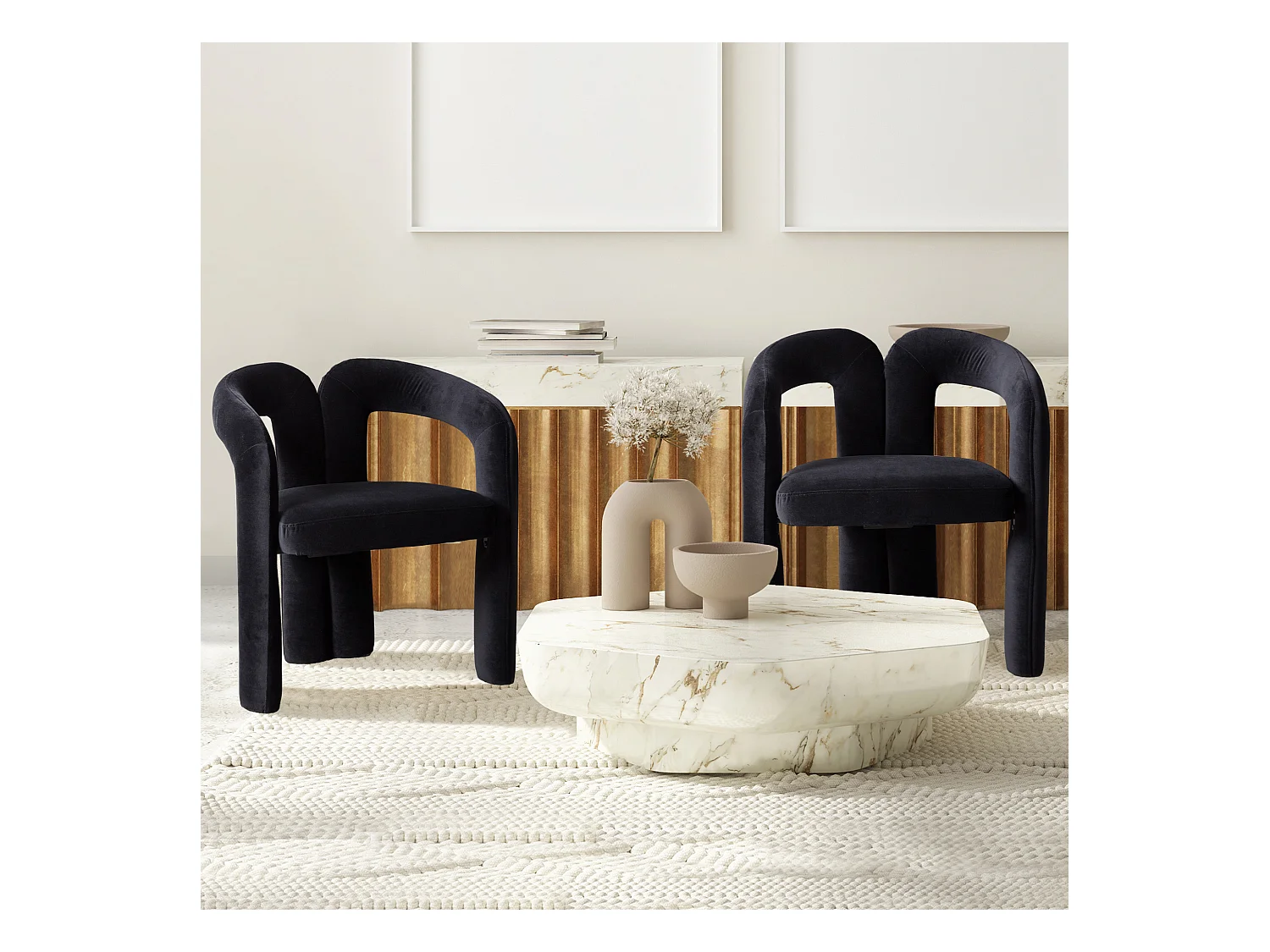 Lot de 2 chaises de salle à manger — velours noir — accoudoirs design à deux arcs - élégant et confortable