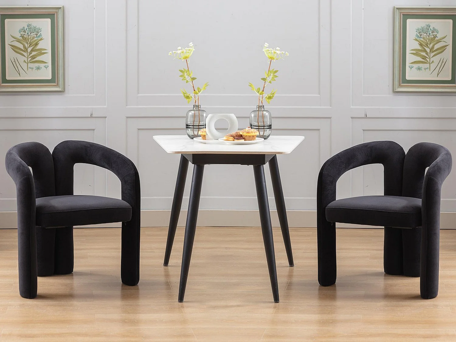 Lot de 2 chaises de salle à manger — velours noir — accoudoirs design à deux arcs - élégant et confortable