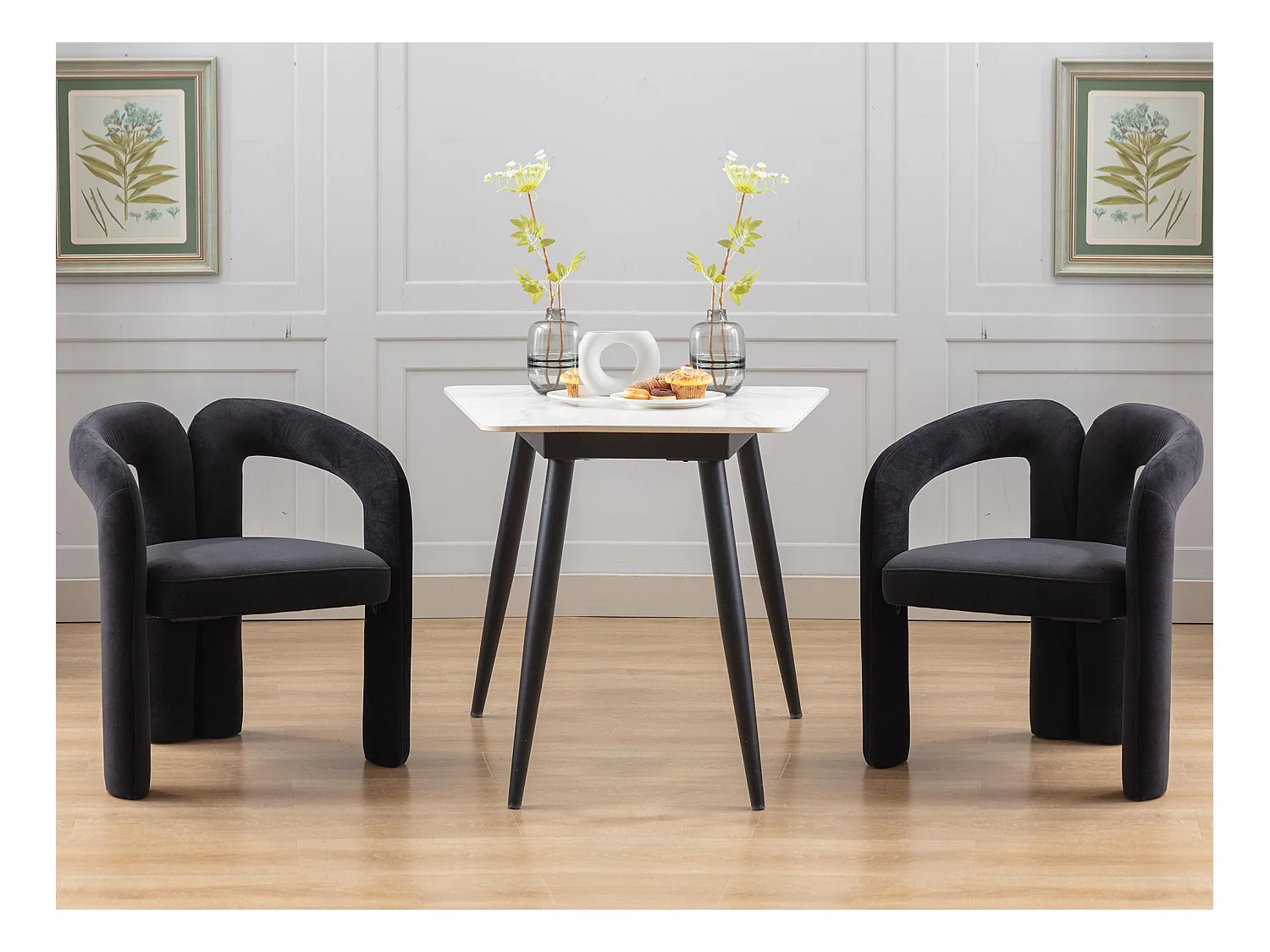 Set van 2 eetkamerstoelen - zwart fluweel - dubbele gebogen design armleuningen - elegant en comfortabel