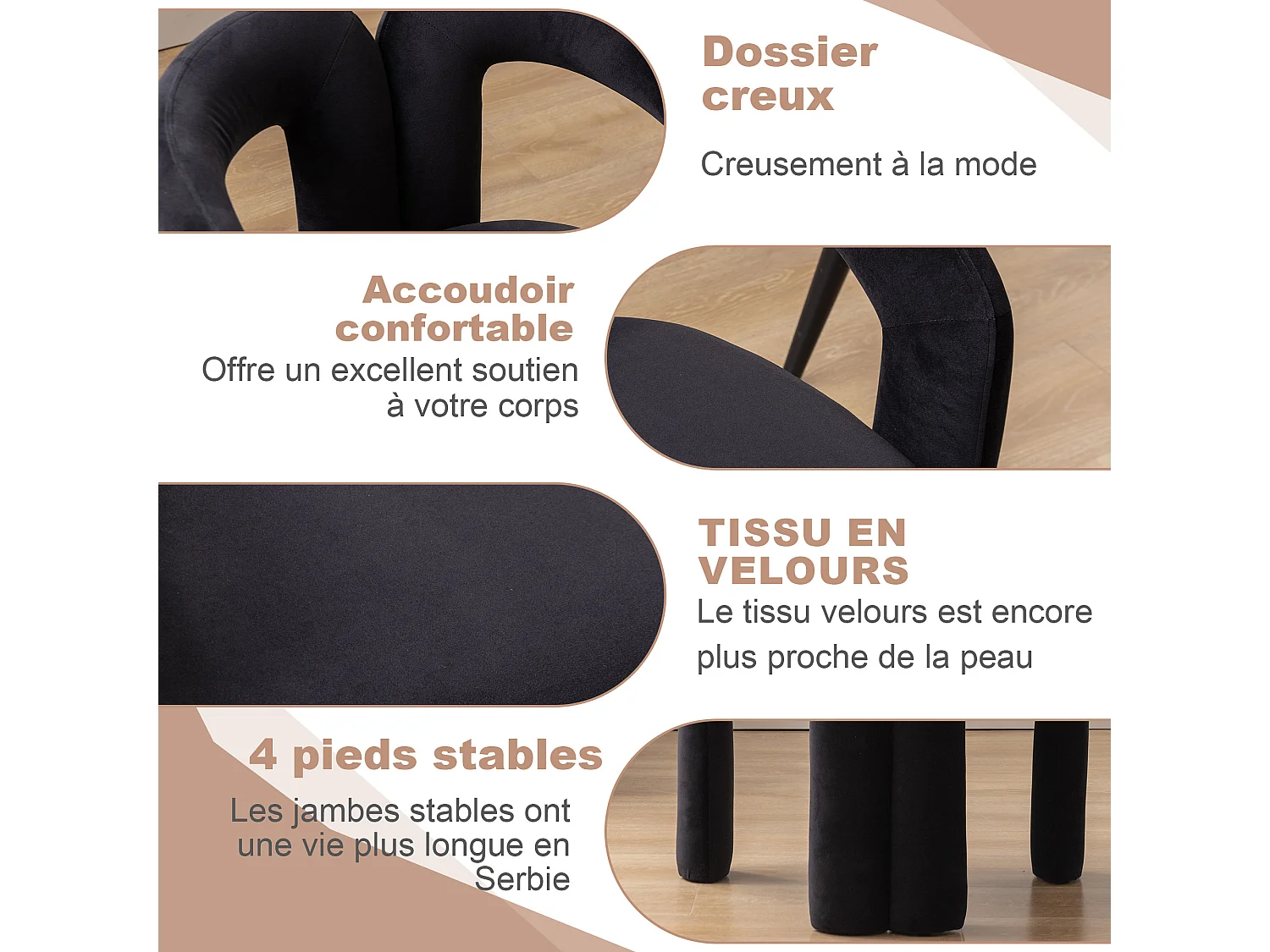 Set van 2 eetkamerstoelen - zwart fluweel - dubbele gebogen design armleuningen - elegant en comfortabel