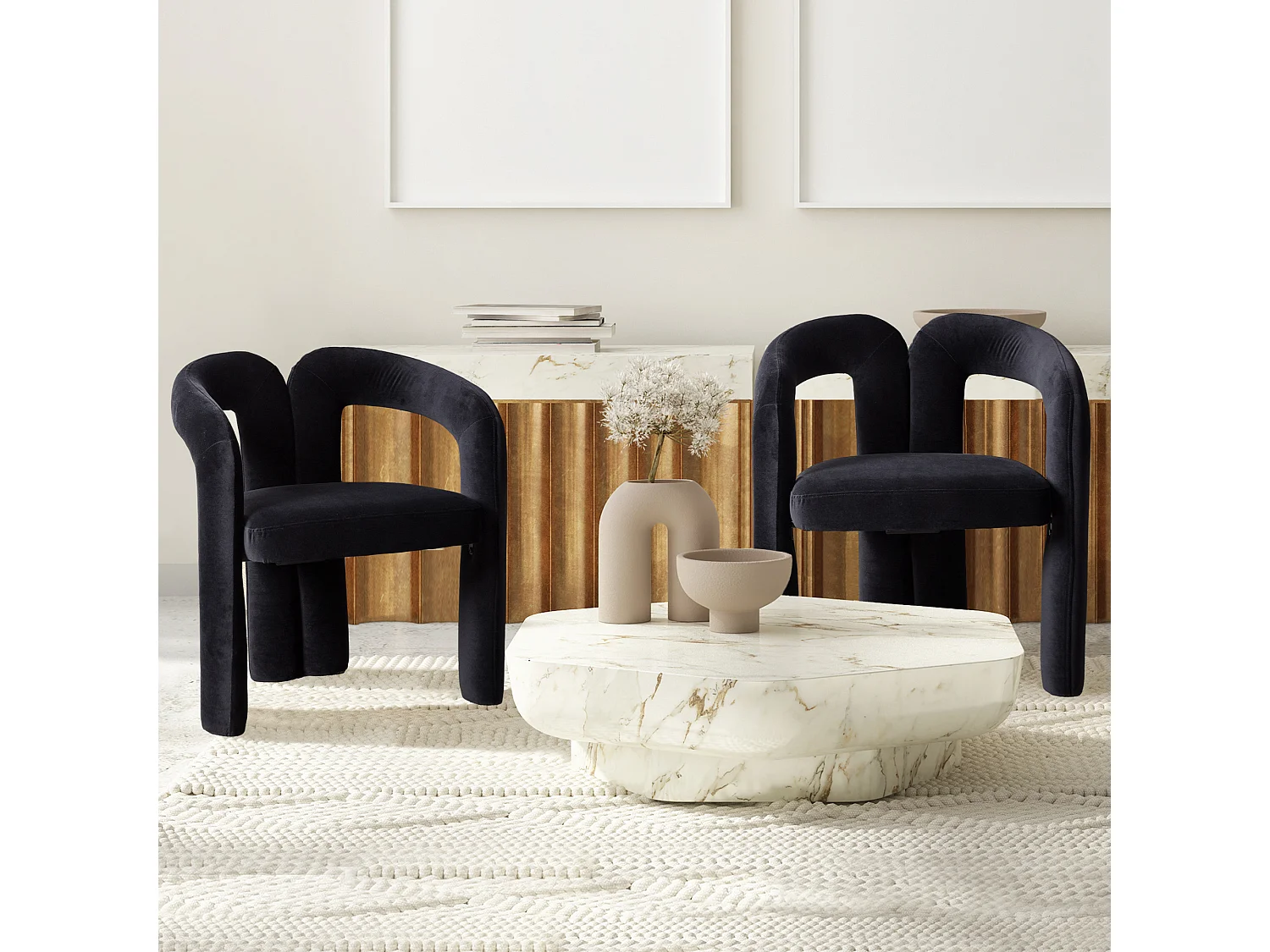 Set van 2 eetkamerstoelen - zwart fluweel - dubbele gebogen design armleuningen - elegant en comfortabel