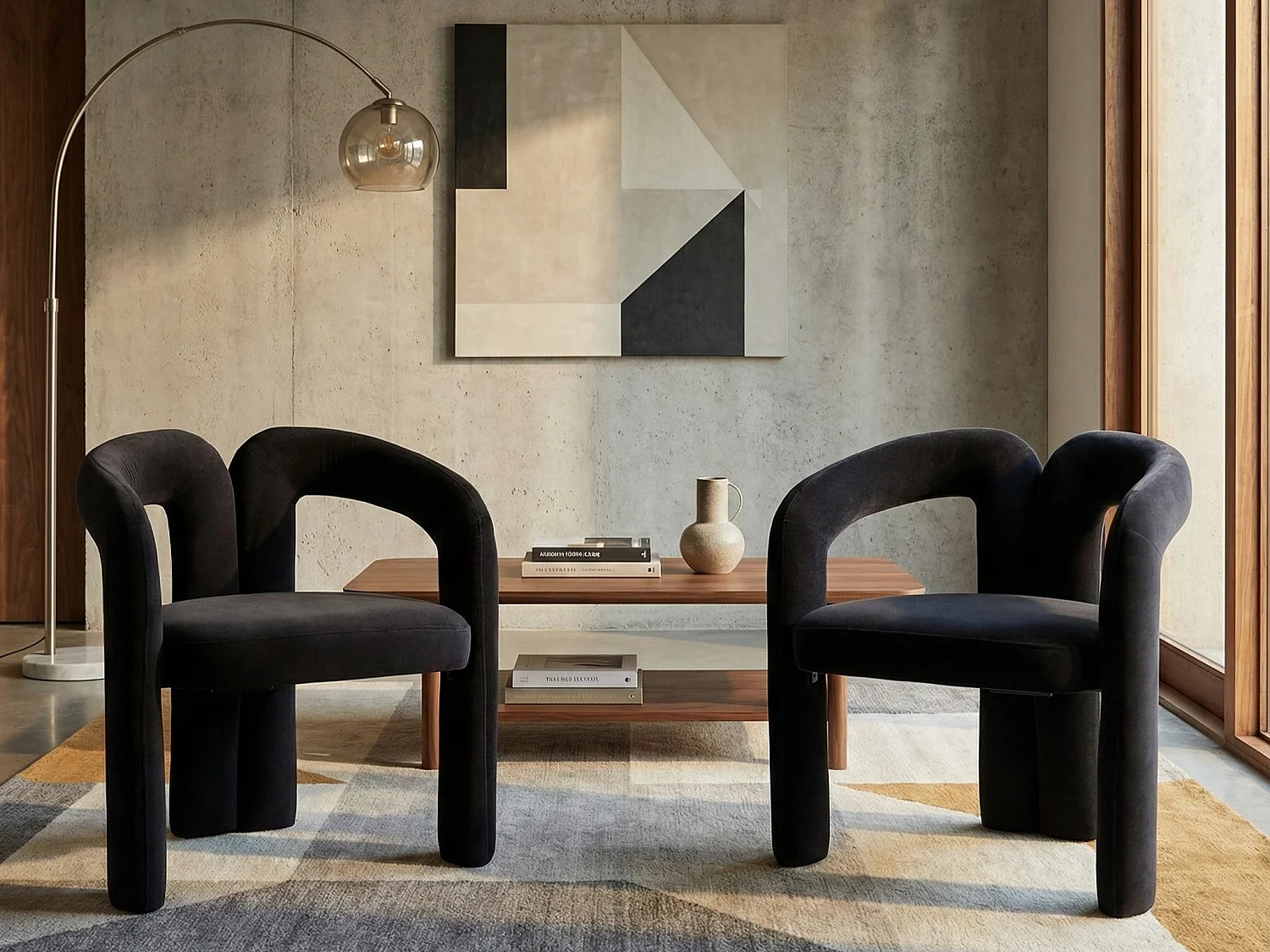 Lot de 2 chaises de salle à manger — velours noir — accoudoirs design à deux arcs - élégant et confortable