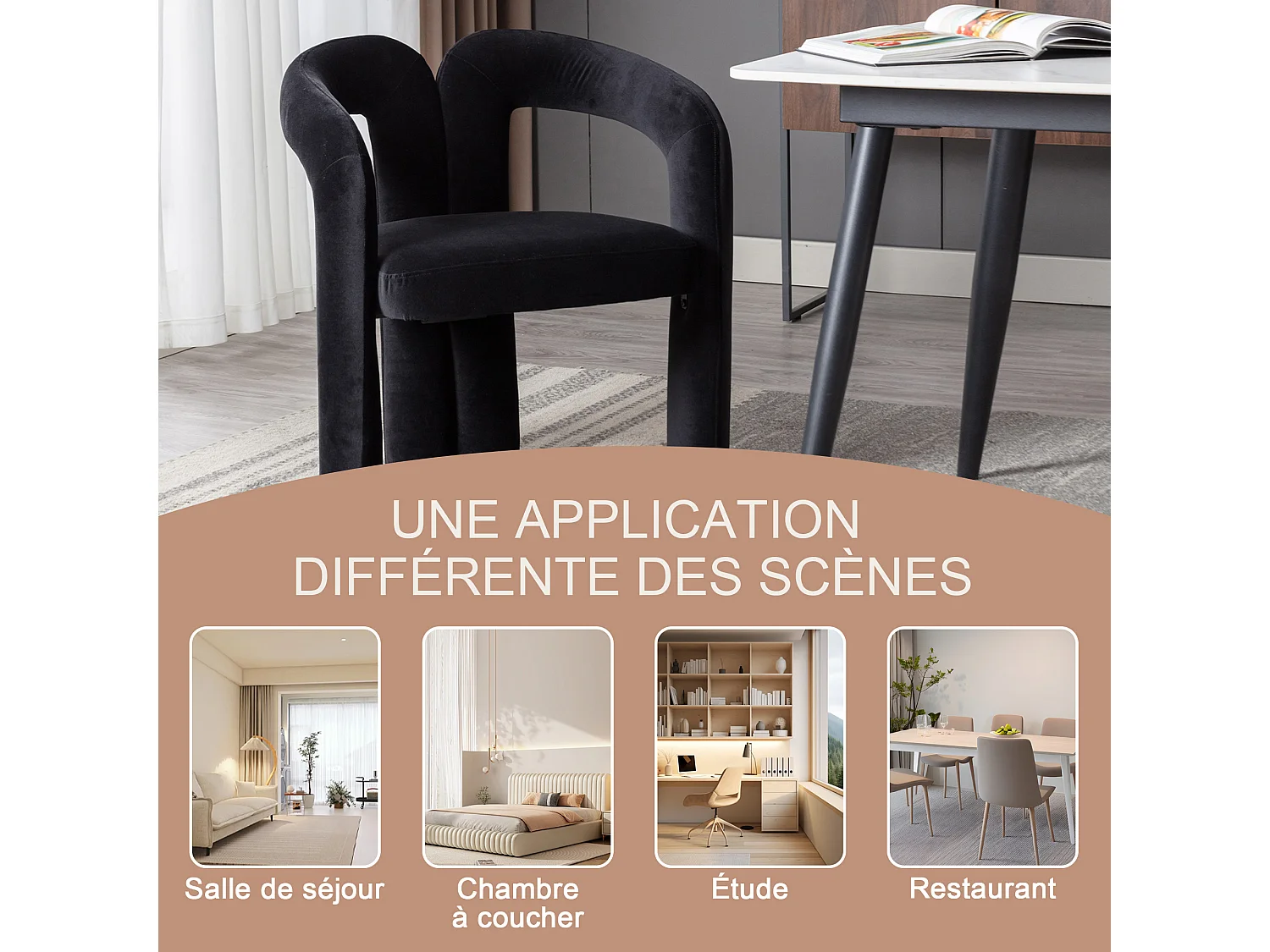 Lot de 2 chaises de salle à manger — velours noir — accoudoirs design à deux arcs - élégant et confortable