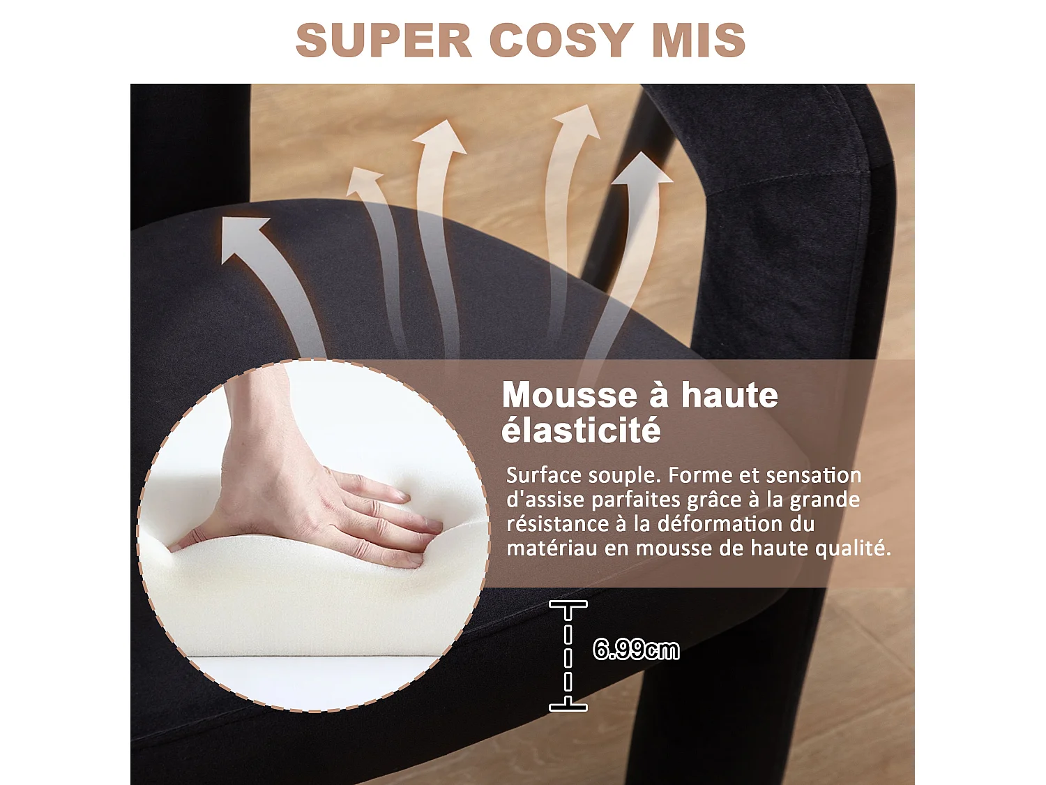 Lot de 2 chaises de salle à manger — velours noir — accoudoirs design à deux arcs - élégant et confortable