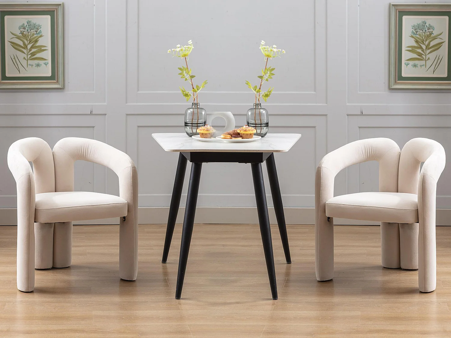 Lot de 2 chaises de salle à manger — velours beige — accoudoirs design à deux arcs - élégant et confortable
