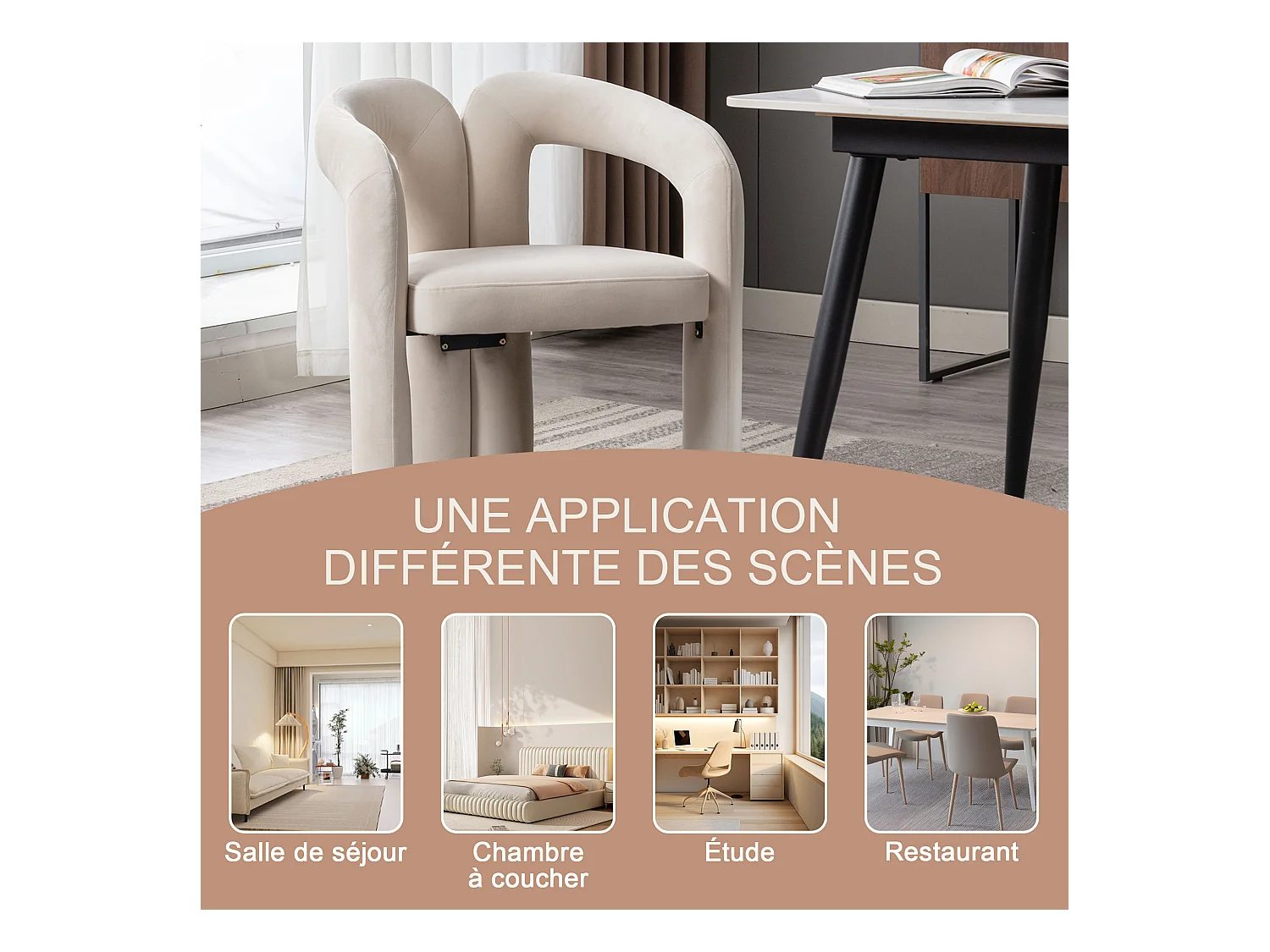 Lot de 2 chaises de salle à manger — velours beige — accoudoirs design à deux arcs - élégant et confortable